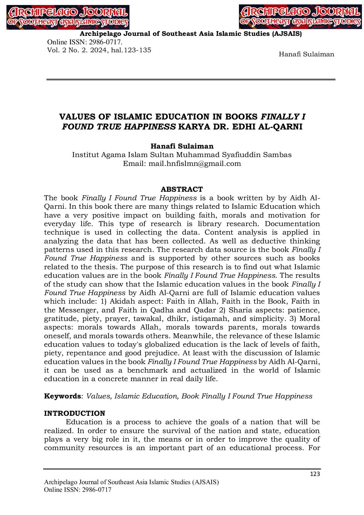 JURIS Nilai Pendidikan Islam Dalam Buku Finally I Found True Happiness Karya Dr Edhi Al Qarni
