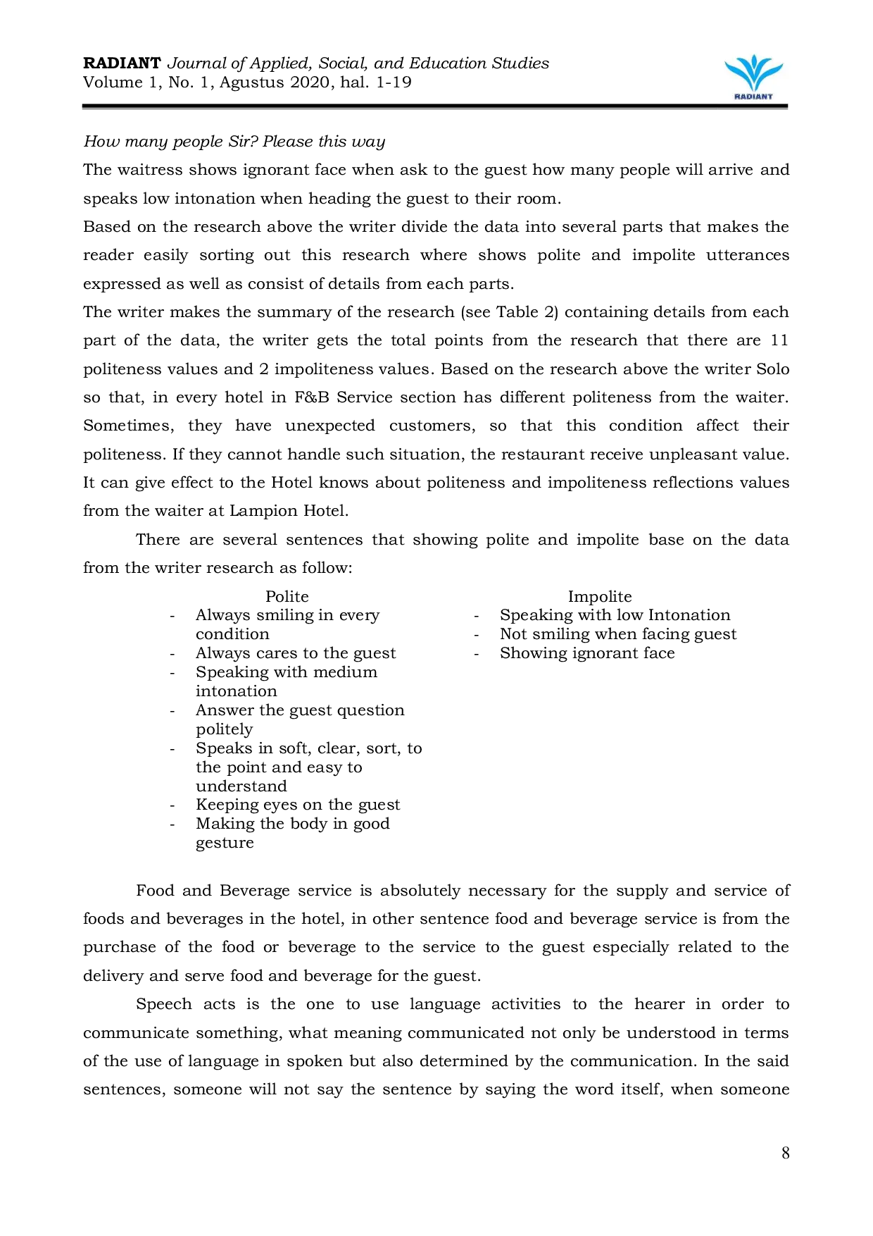 JURIS The Politeness Strategy in the Food and Beverage Service Section at Lampion Hotel Surakarta