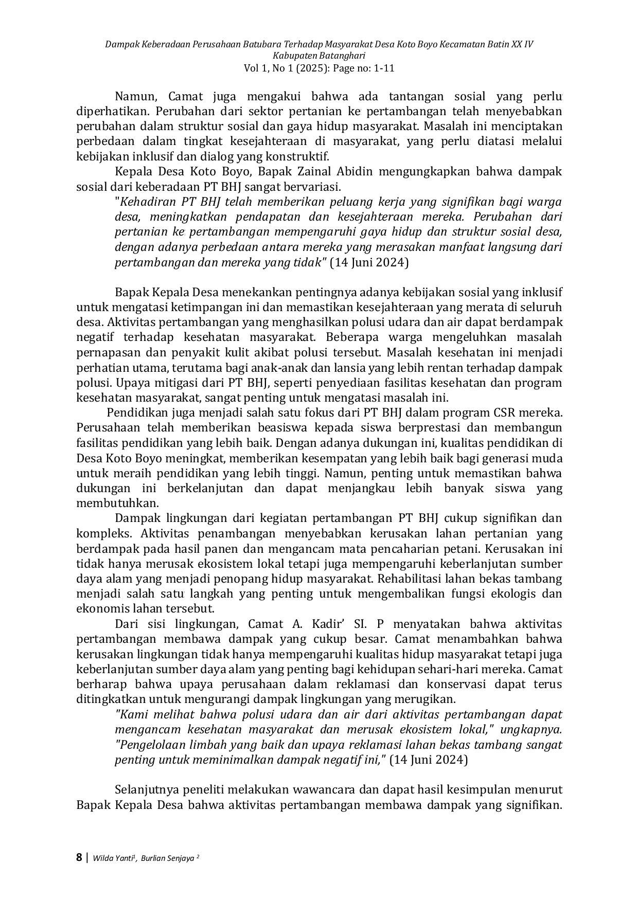 JURIS Dampak Keberadaan Perusahaan Batubara Terhadap Masyarakat Desa Koto Boyo Kecamatan Batin XX IV Kabupaten Batanghari