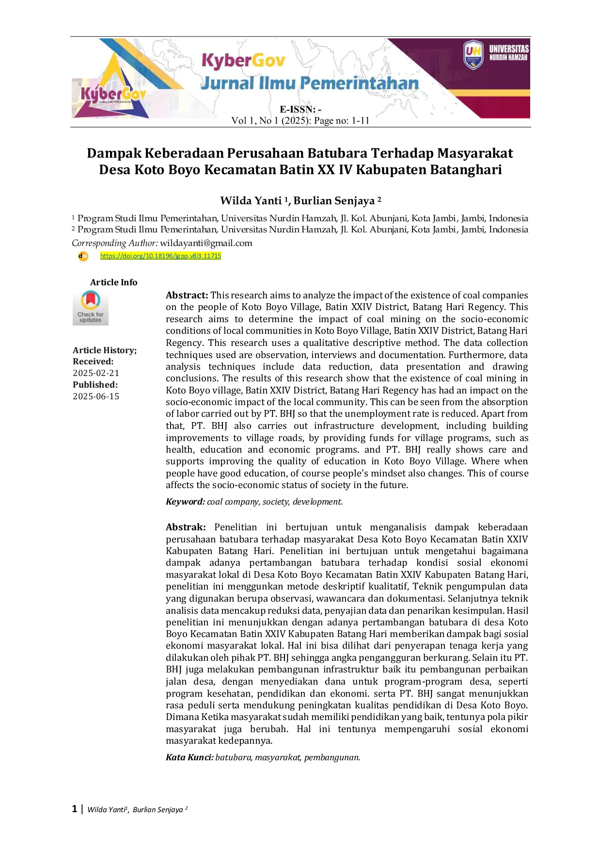 JURIS Dampak Keberadaan Perusahaan Batubara Terhadap Masyarakat Desa Koto Boyo Kecamatan Batin XX IV Kabupaten Batanghari