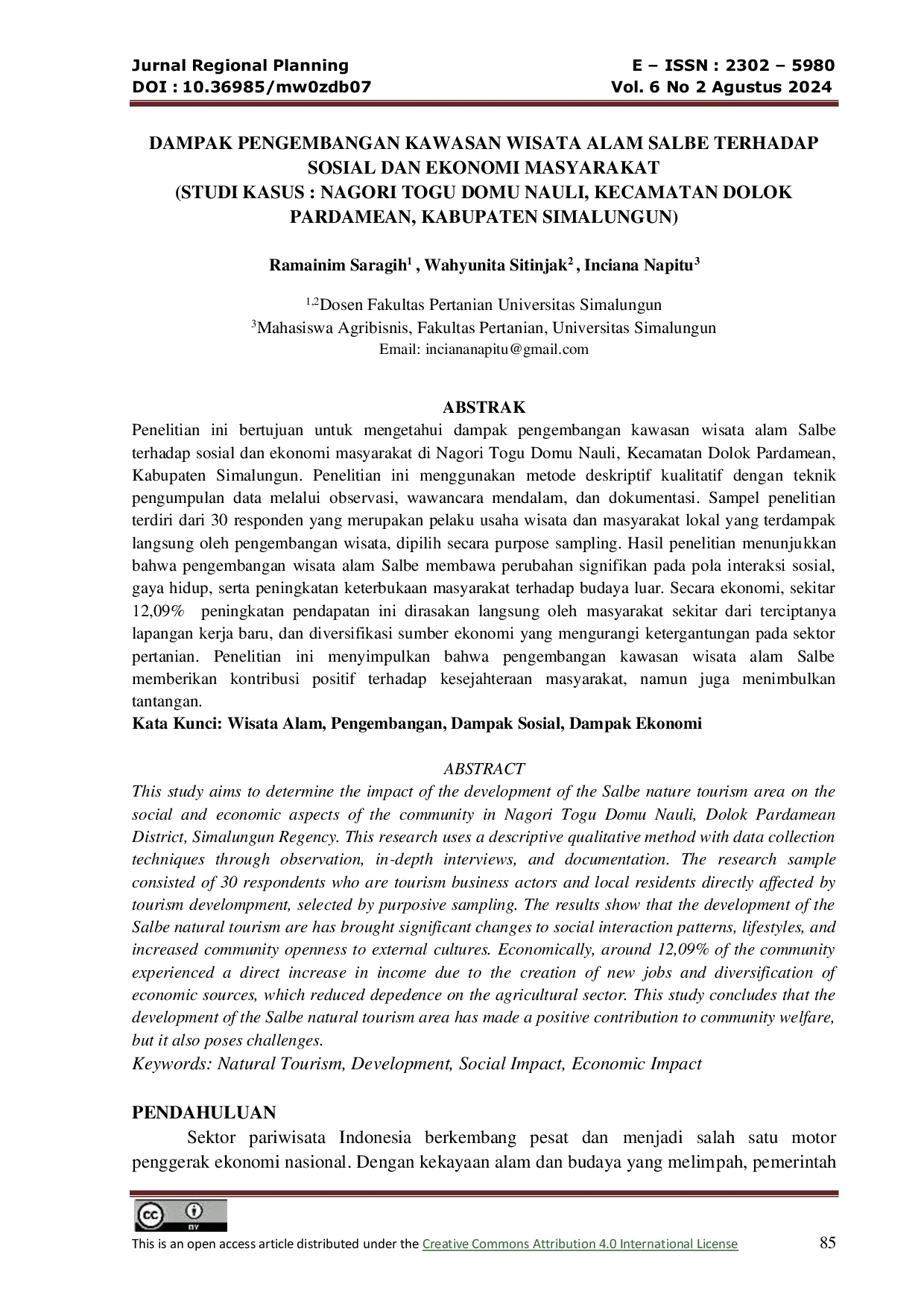 JURIS Dampak Pengembangan Kawasan Wisata Alam Salbe Terhadap Sosial Dan Ekonomi Masyarakat Studi Kasus Nagori Togu Domu Nauli Kecamatan Dolok Pardamean Kabupaten Simalungun