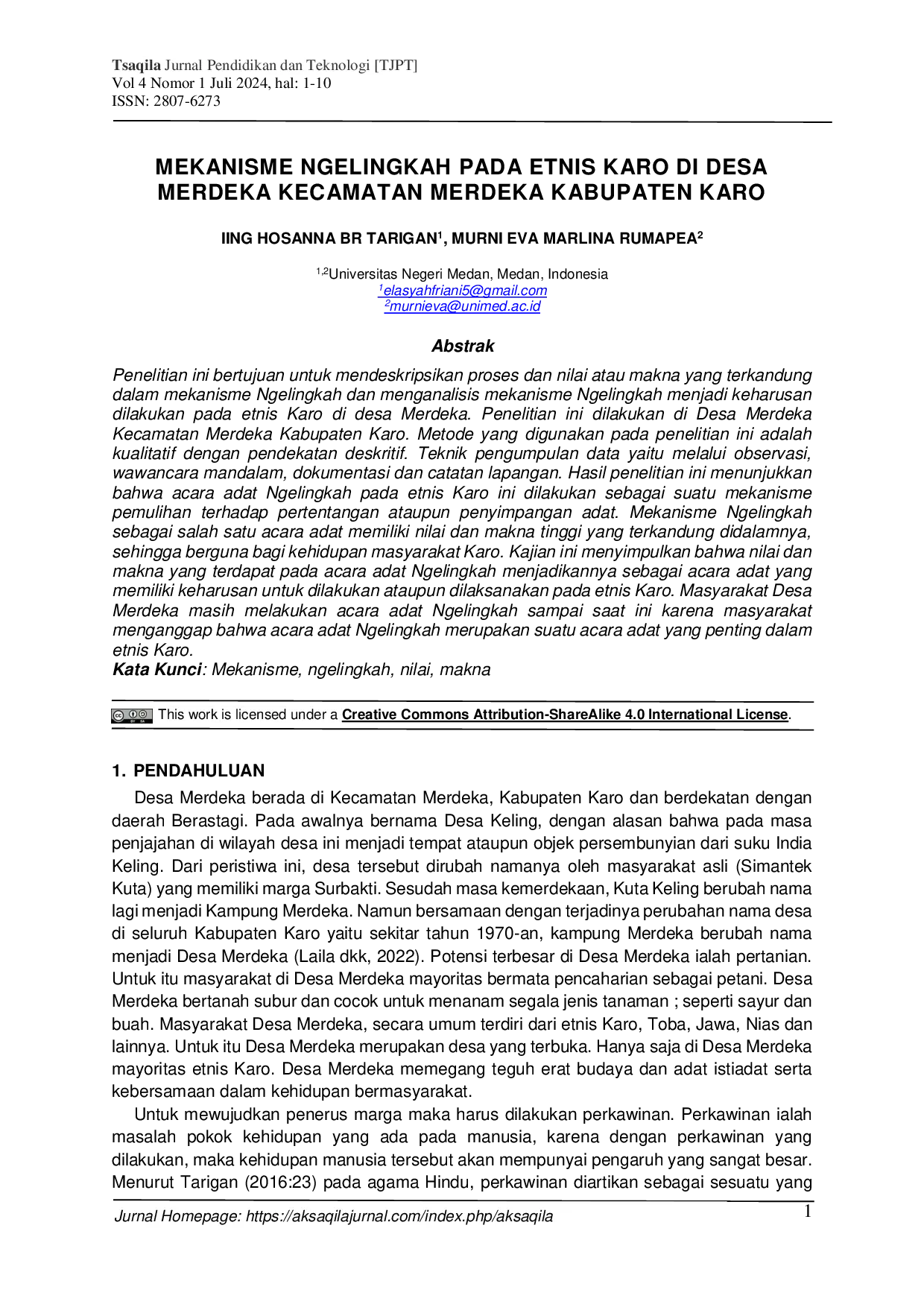 JURIS Mekanisme Ngelingkah pada Etnis Karo di Desa Merdeka Kecamatan Merdeka Kabupaten Karo