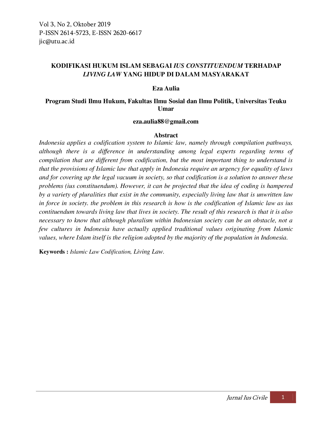 JURIS Kodifikasi Hukum Islam Sebagai Ius Constituendum Terhadap Living Law Yang Hidup Di Dalam Masyarakat