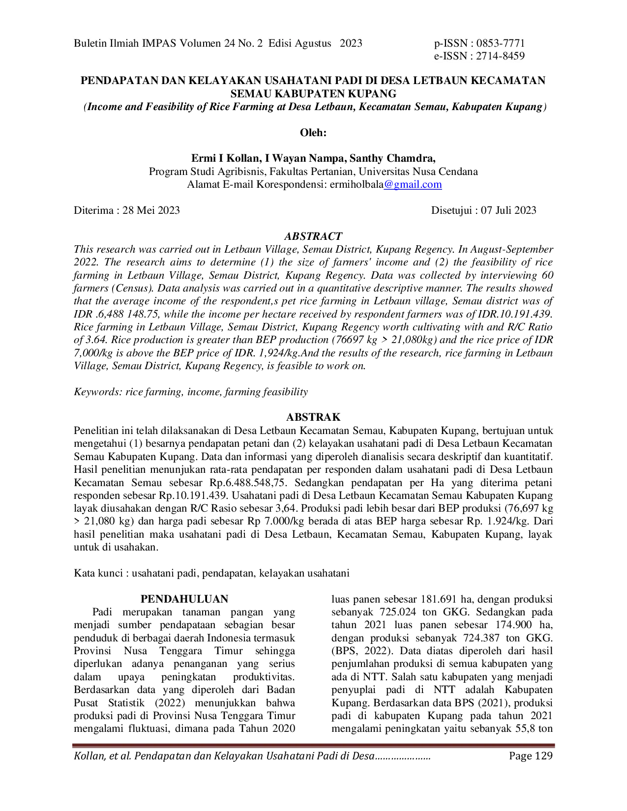 JURIS Pendapatan Dan Kelayakan Usahatani Padi Di Desa Letbaun Kecamatan Semau Kabupaten Kupang
