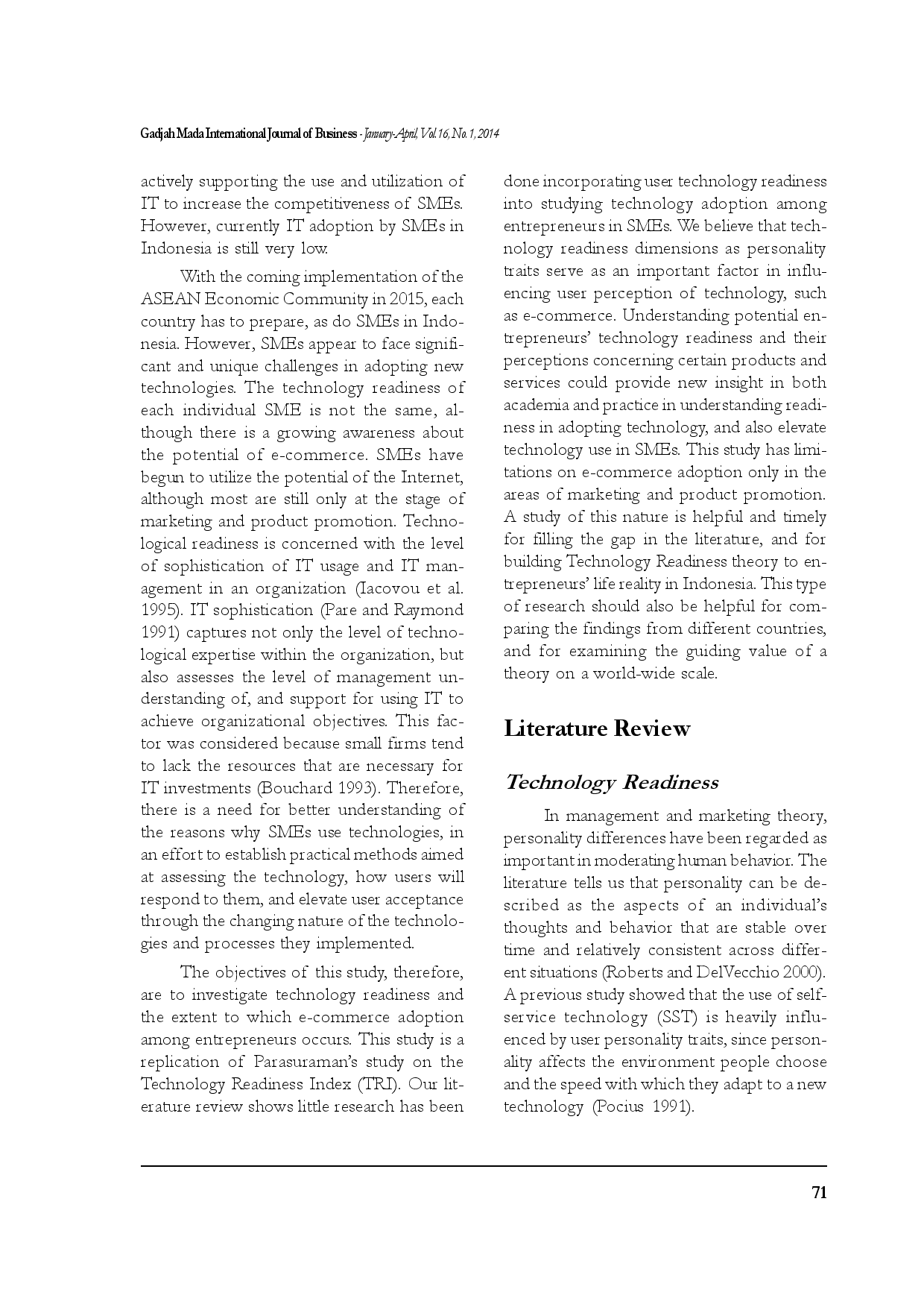 juris Technology Readiness and E Commerce Adoption among Entrepreneurs of SMEs in Bandung City Indonesia