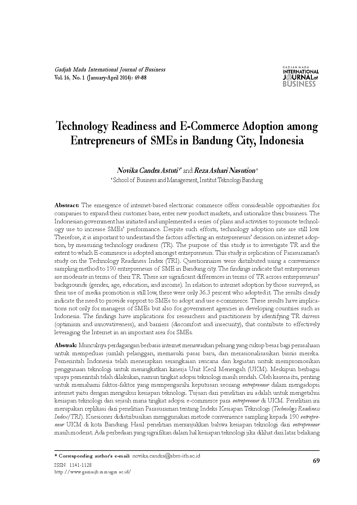 juris Technology Readiness and E Commerce Adoption among Entrepreneurs of SMEs in Bandung City Indonesia