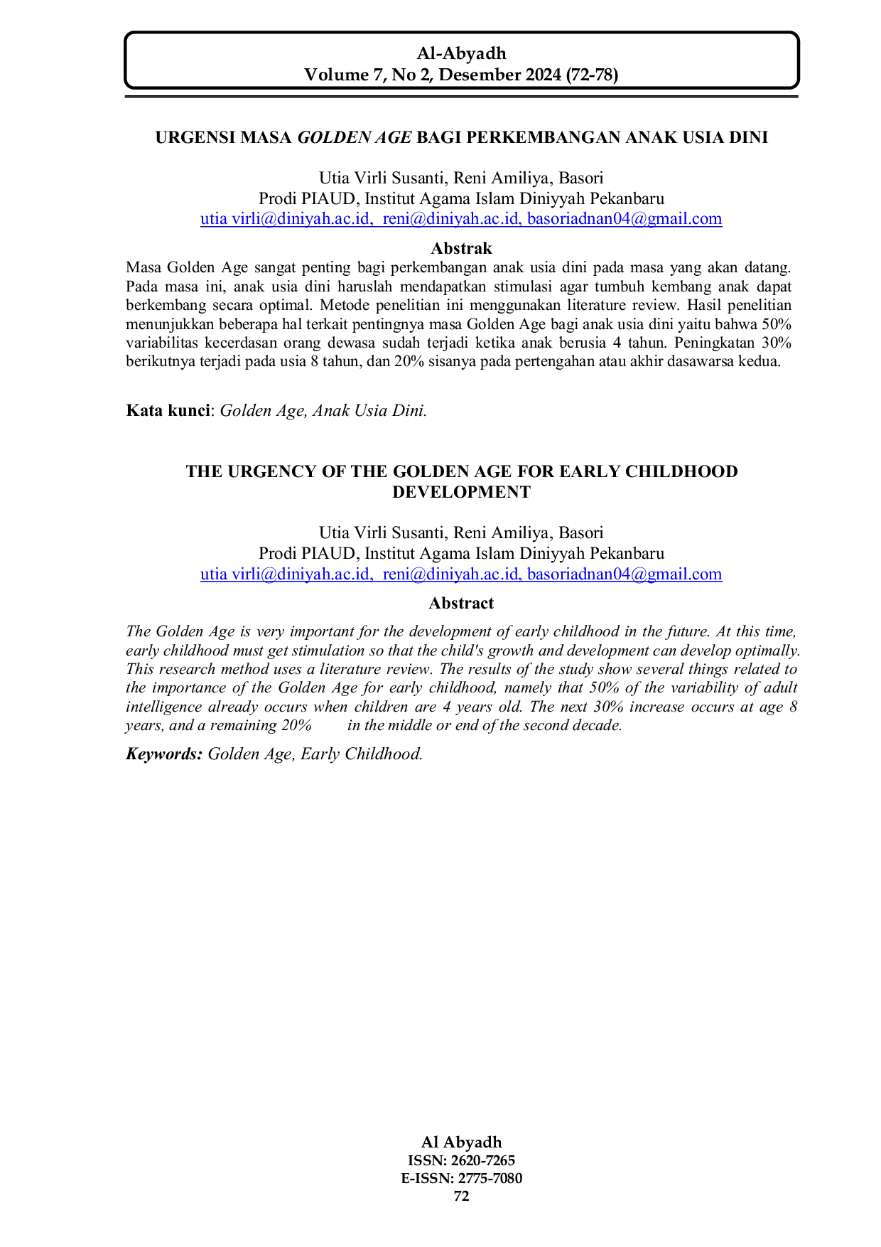 JURIS Urgensi Masa Golden Age Bagi Perkembangan Anak Usia Dini