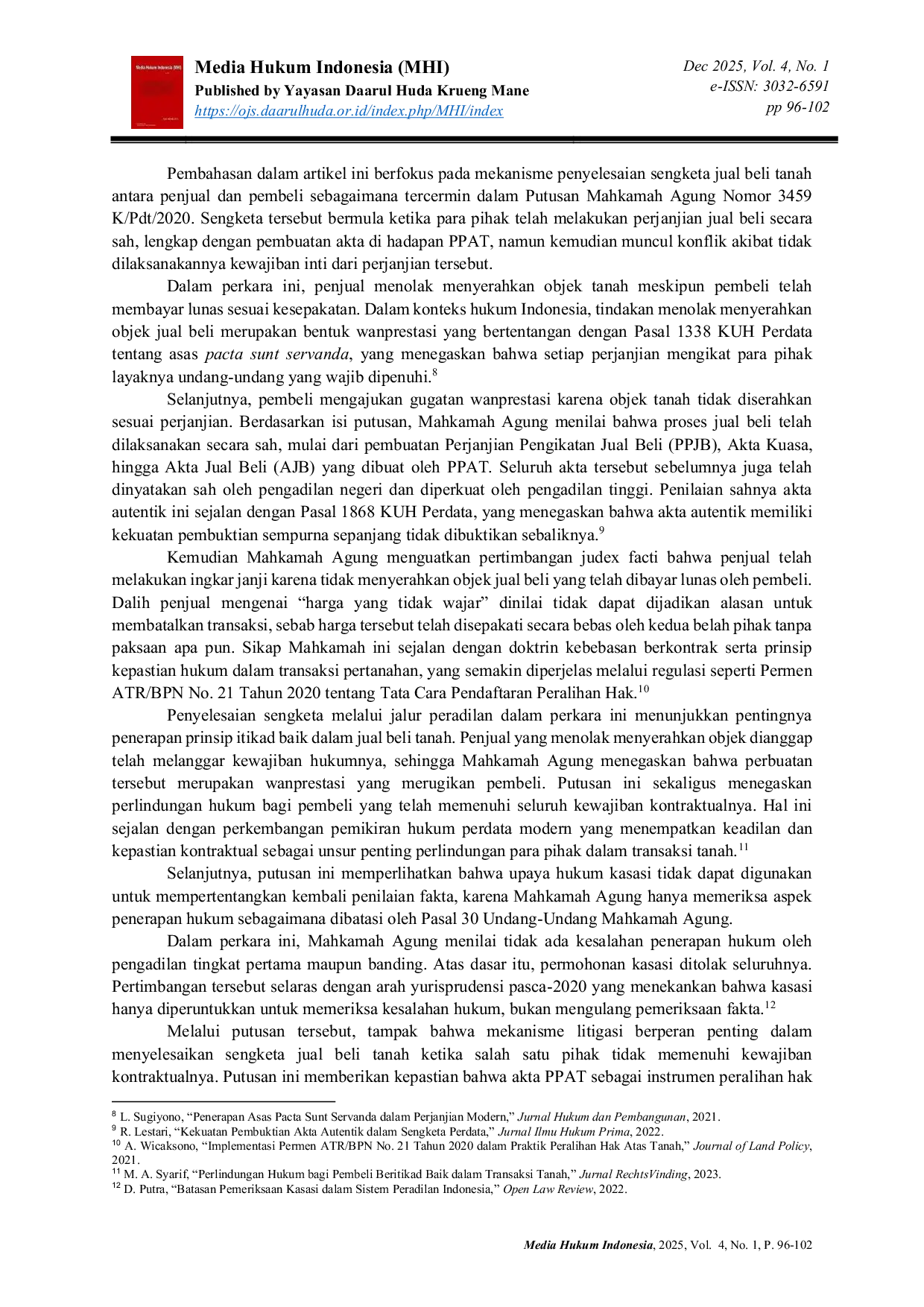 JURIS Penyelesaian Sengketa Jual Beli Tanah Antara Penjual dan Pembeli Studi Putusan Mahkamah Agung Nomor 3459 K Pdt 2020