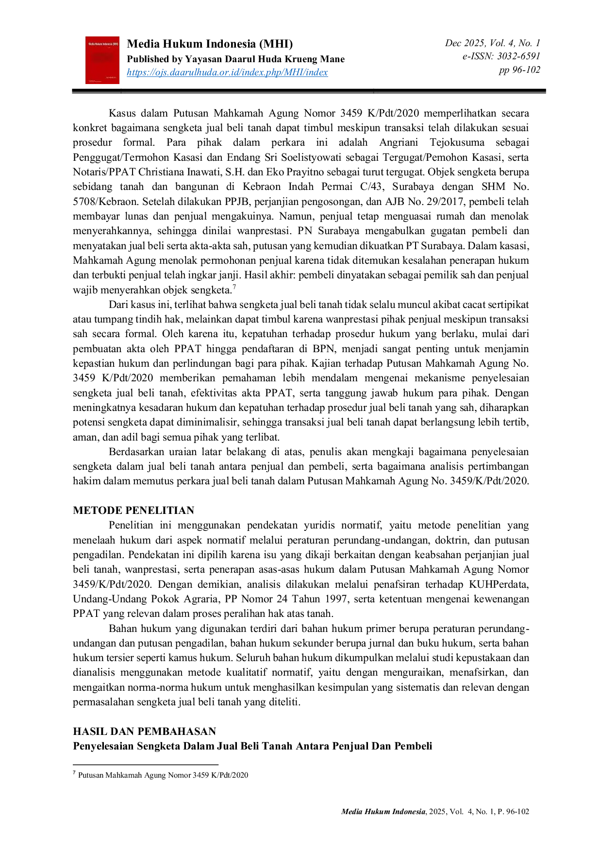 JURIS Penyelesaian Sengketa Jual Beli Tanah Antara Penjual dan Pembeli Studi Putusan Mahkamah Agung Nomor 3459 K Pdt 2020