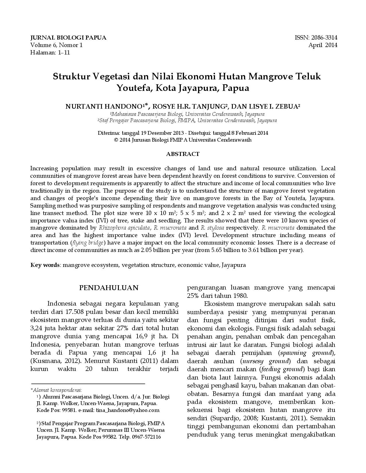 juris Struktur Vegetasi dan Nilai Ekonomi Hutan Mangrove Teluk Youtefa Kota Jayapura Papua