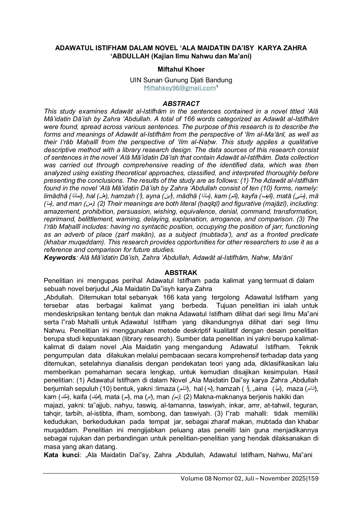 JURIS Adawatul Istifham Dalam Novel Ala Maidatin Da isy Karya Zahra Abdullah Kajian Ilmu Nahwu Dan Ma ani