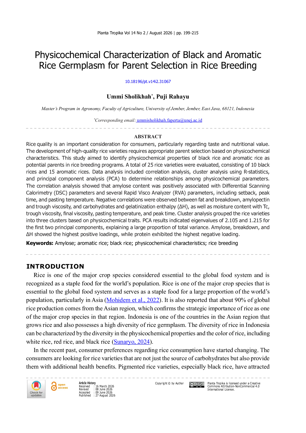 JURIS Physicochemical Characterization of Black and Aromatic Rice Germplasm for Parent Selection in Rice Breeding
