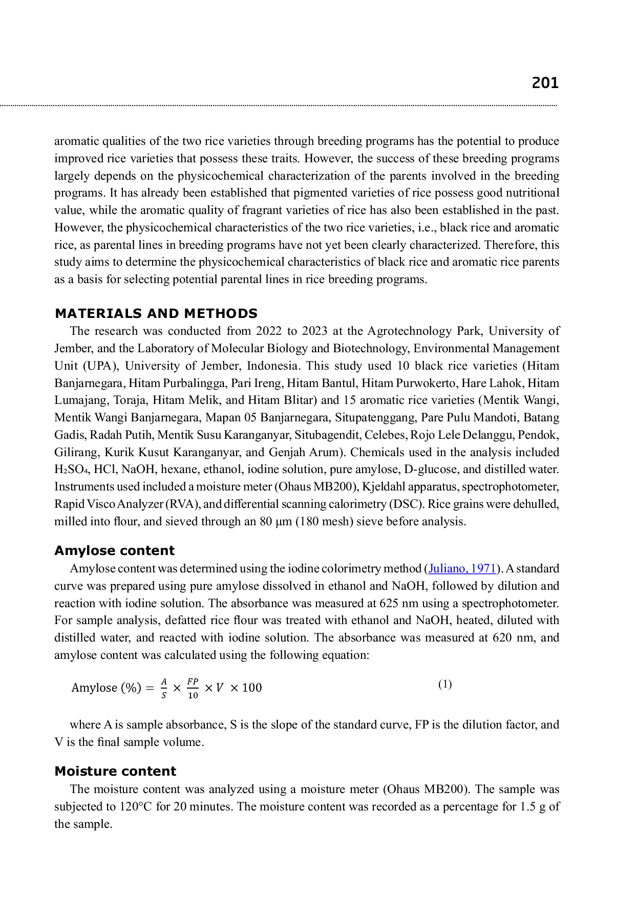 JURIS Physicochemical Characterization of Black and Aromatic Rice Germplasm for Parent Selection in Rice Breeding