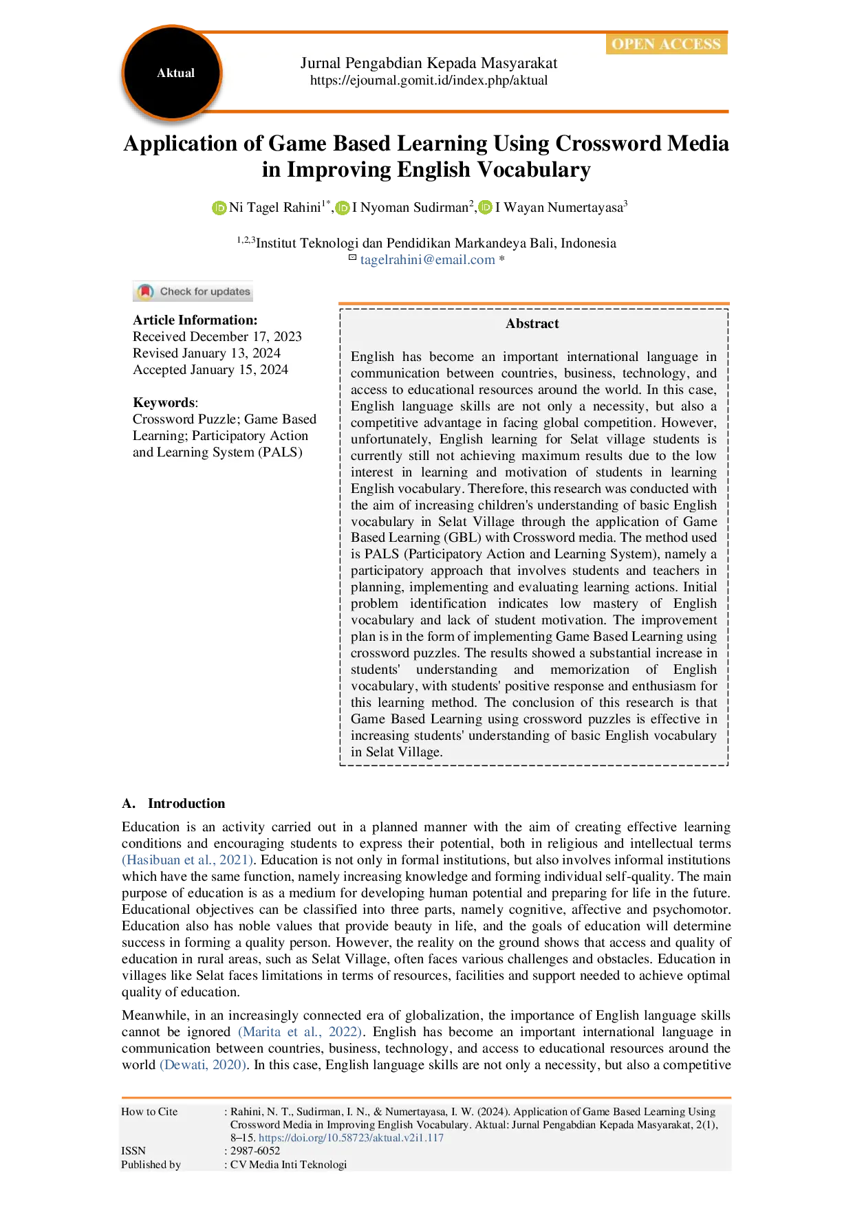 juris Application of Game Based Learning Using Crossword Media in Improving English Vocabulary
