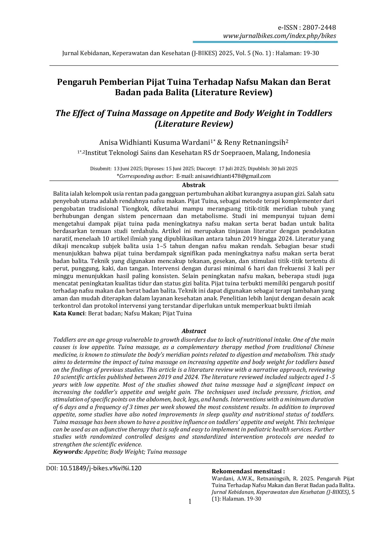 JURIS Pengaruh Pemberian Pijat Tuina Terhadap Nafsu Makan dan Berat Badan pada Balita Literature Review