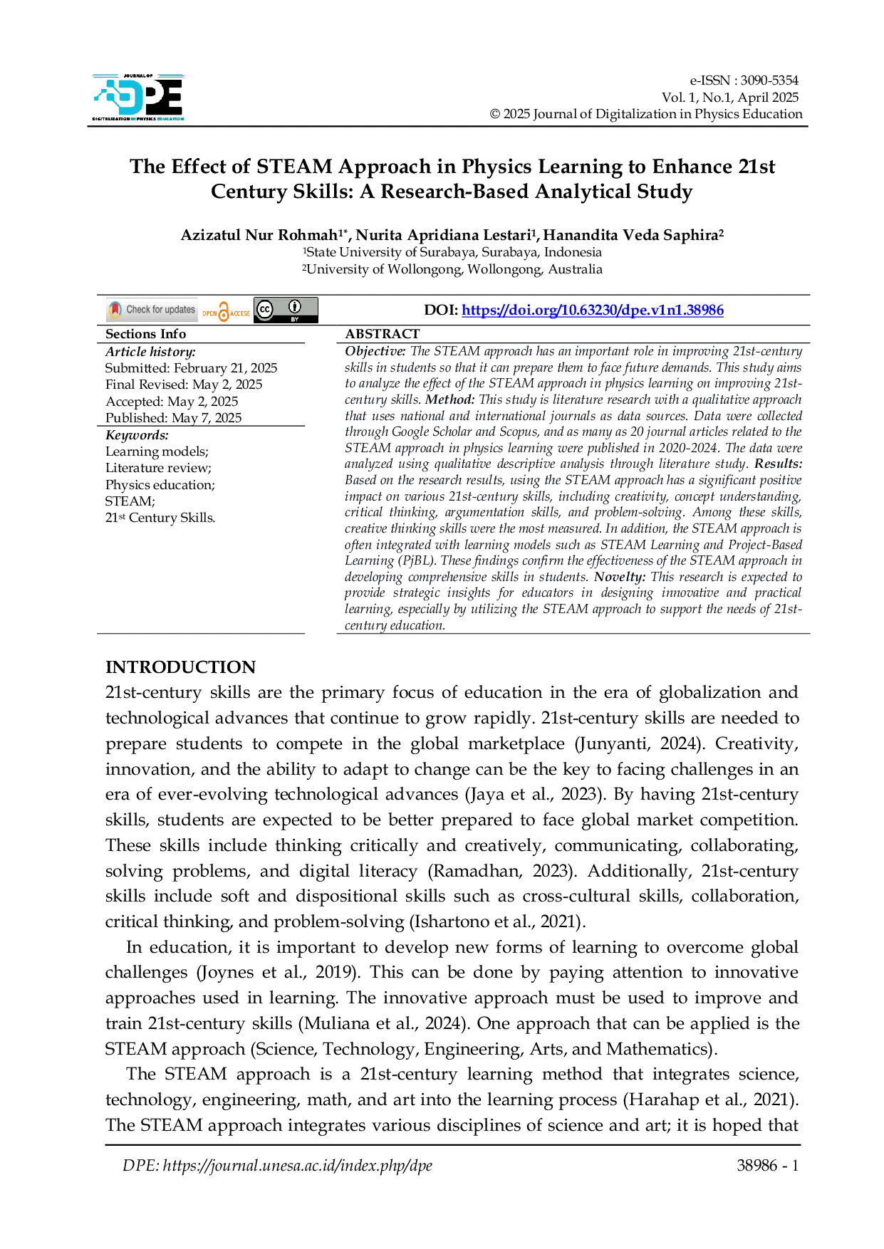 JURIS The Effect of STEAM Approach in Physics Learning to Enhance 21st Century Skills A Literature Review