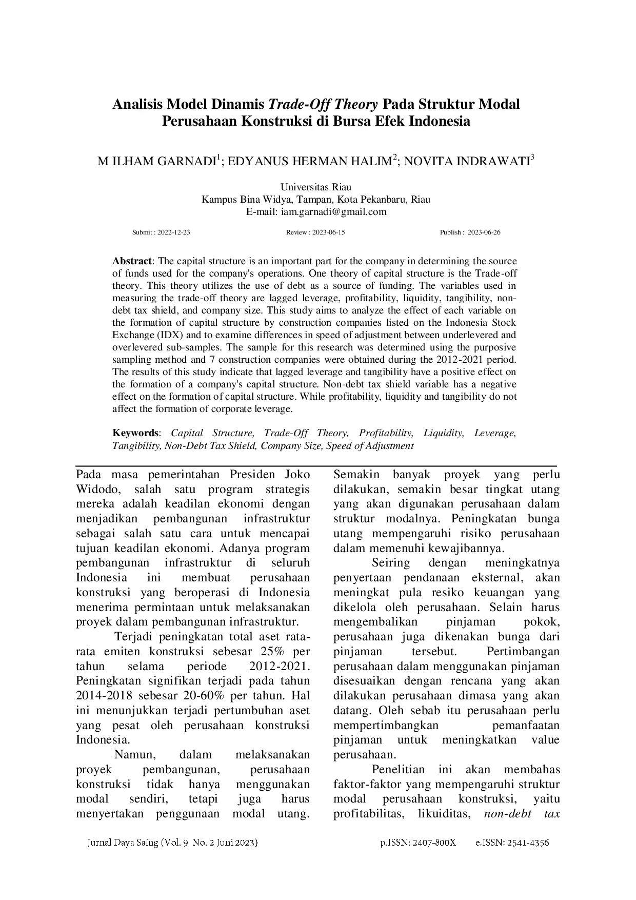 juris Analisis Model Dinamis Trade Off Theory Pada Struktur Modal Perusahaan Konstruksi Di Bursa Efek Indonesia