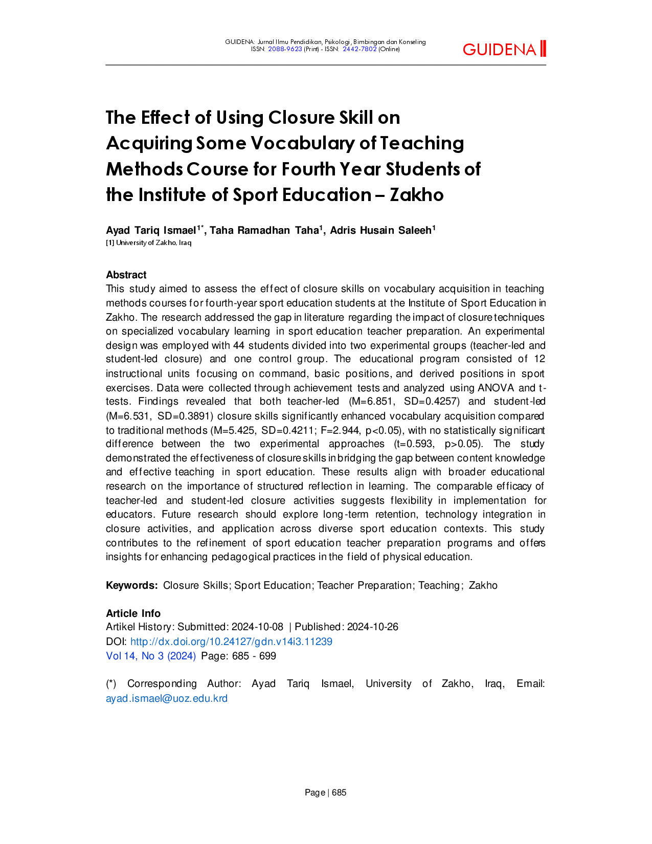 juris The Effect of Using Closure Skill on Acquiring Some Vocabulary of Teaching Methods Course for Fourth Year Students of the Institute of Sport Education Zakho