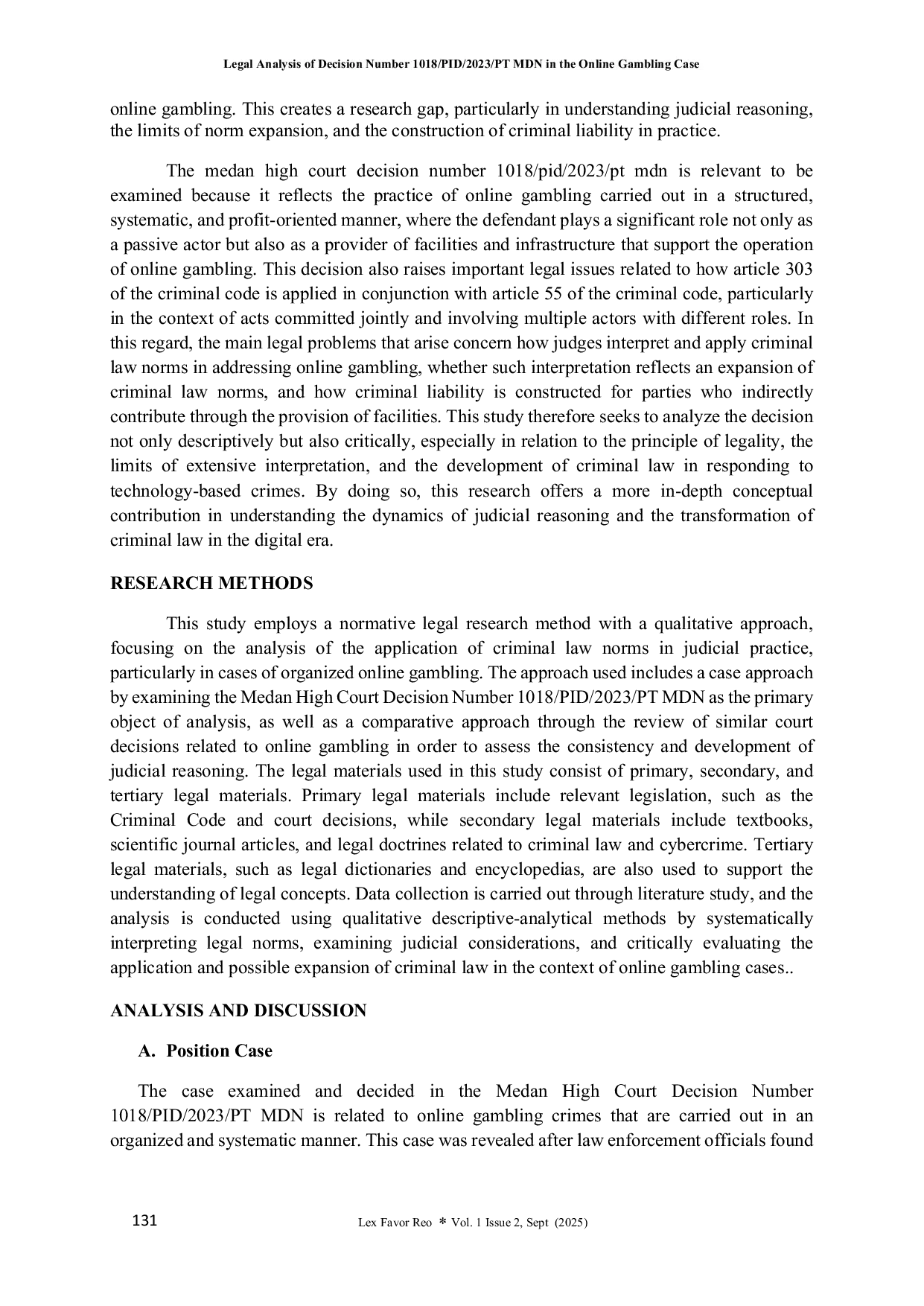 JURIS Legal Analysis of Decision Number 1018 PID 2023 PT MDN in the Online Gambling Case