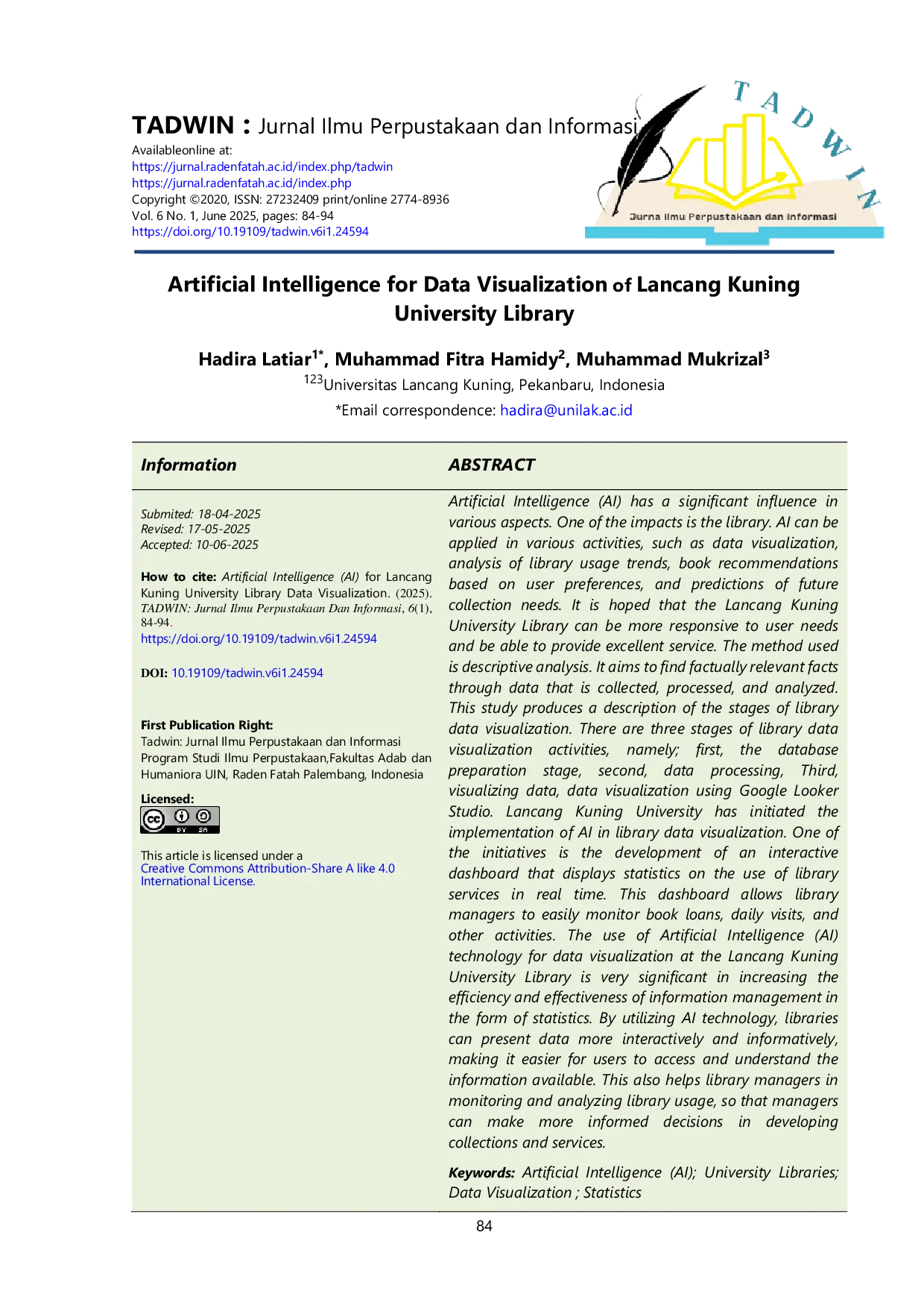 JURIS Artificial Intelligence for Data Visualization of Lancang Kuning University Library