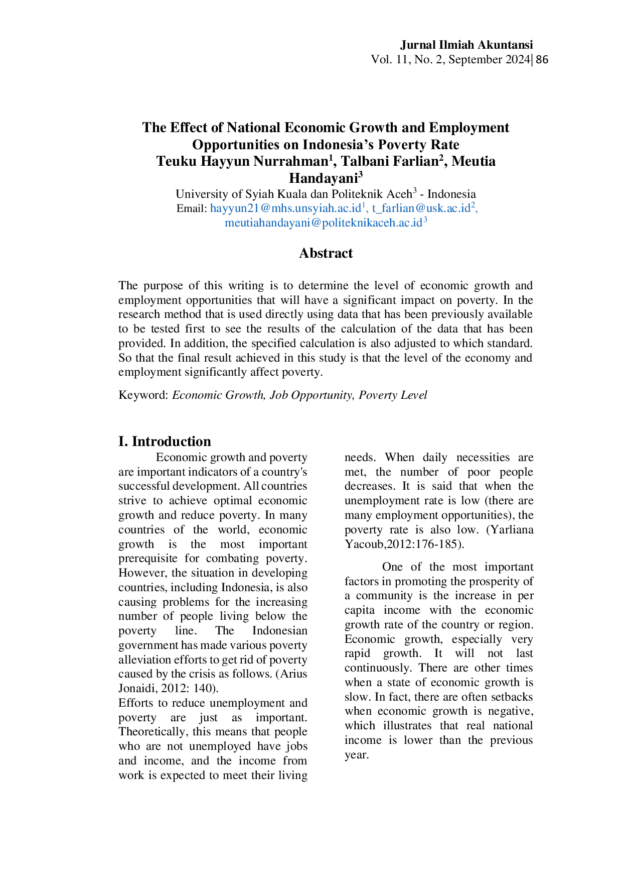 JURIS The Effect of National Economic Growth and Employment Opportunities on Indonesia s Poverty Rate