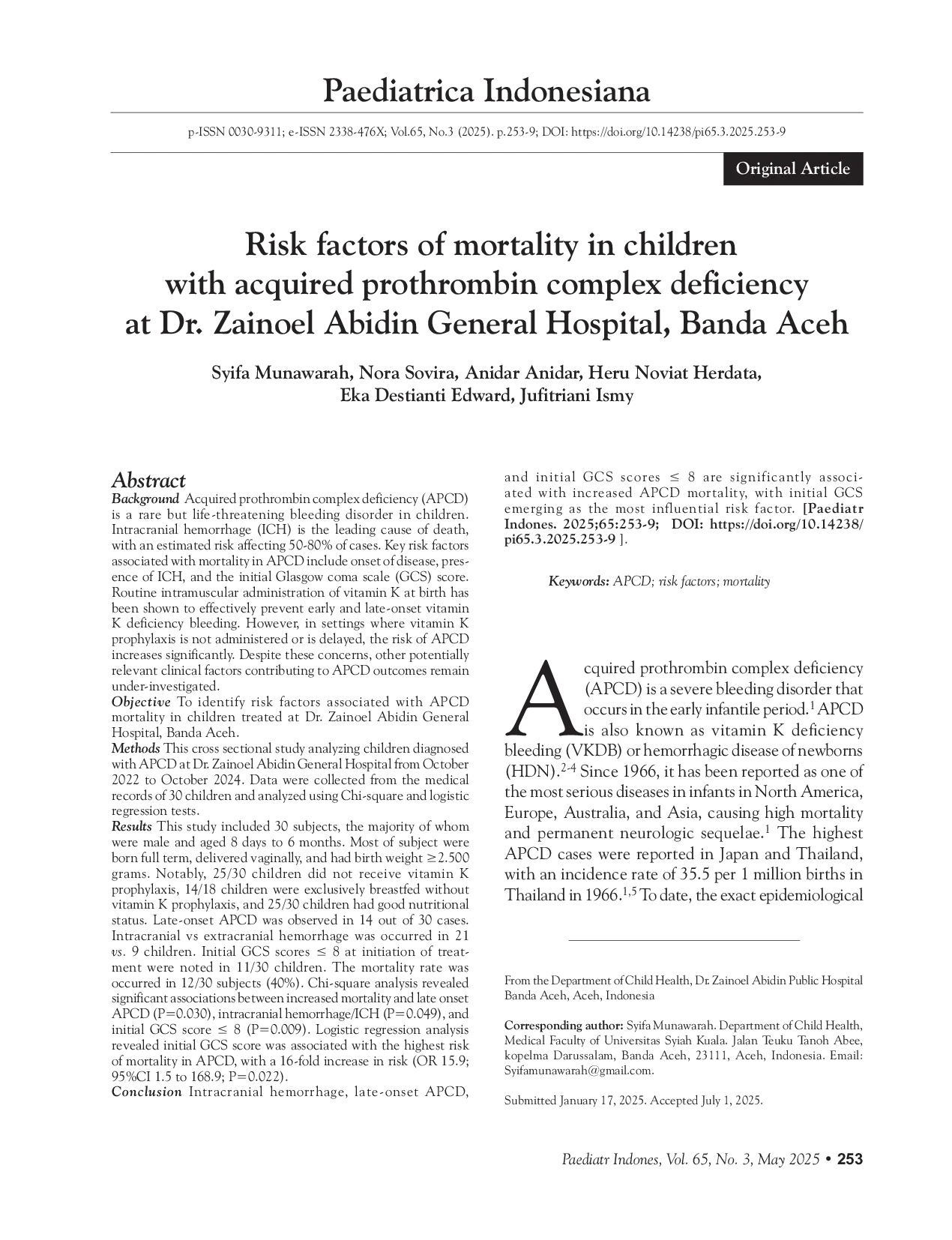 JURIS Risk factors of mortality in children with acquired prothrombin complex deficiency at Dr Zainoel Abidin General Hospital Banda Aceh