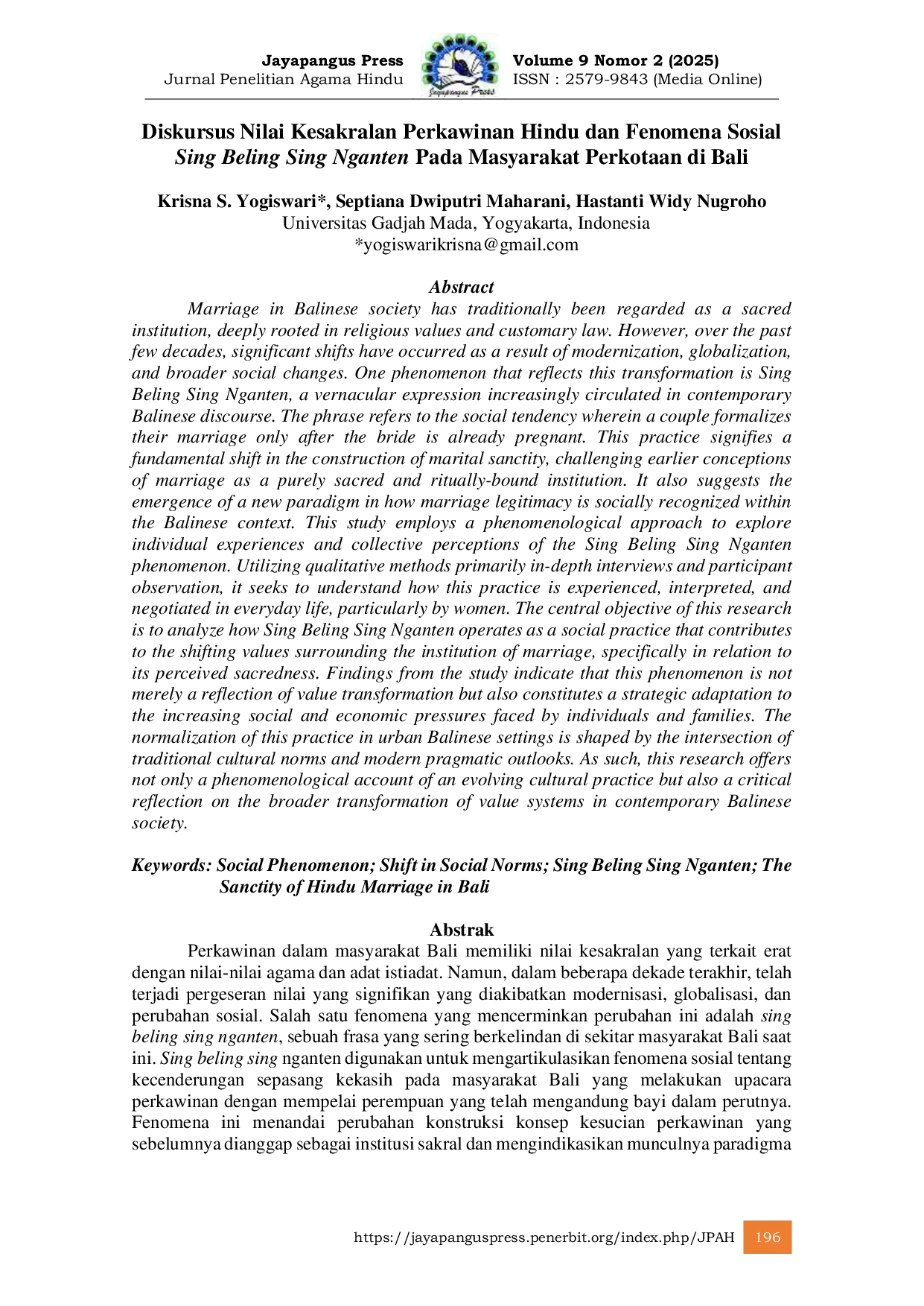 JURIS Diskursus Nilai Kesakralan Perkawinan Hindu dan Fenomena Sosial Sing Beling Sing Nganten Pada Masyarakat Perkotaan di Bali
