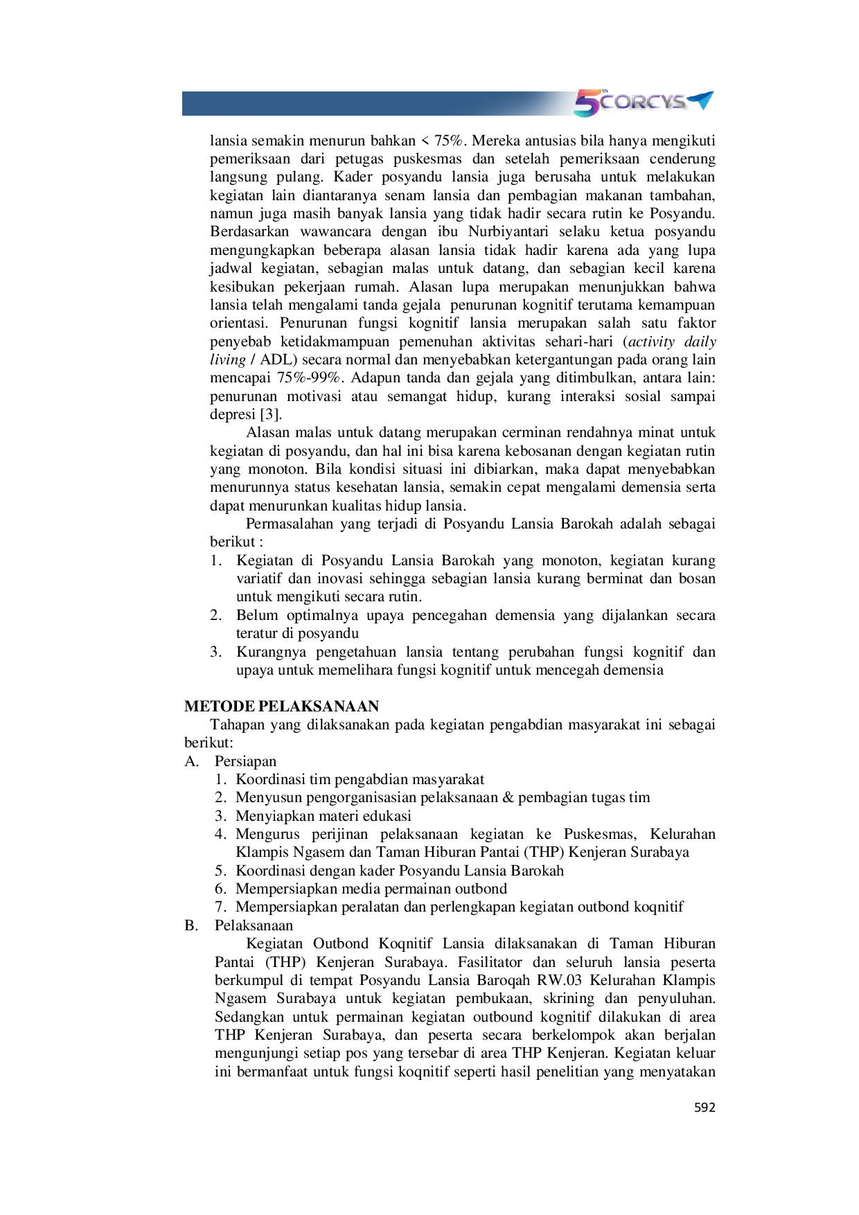 JURIS Upaya Pencegahan Demensia Melalui Kegiatan Outbond Kognitif Pada Kelompok Lansia Di Kelurahan Klampis Ngasem Kota Surabaya