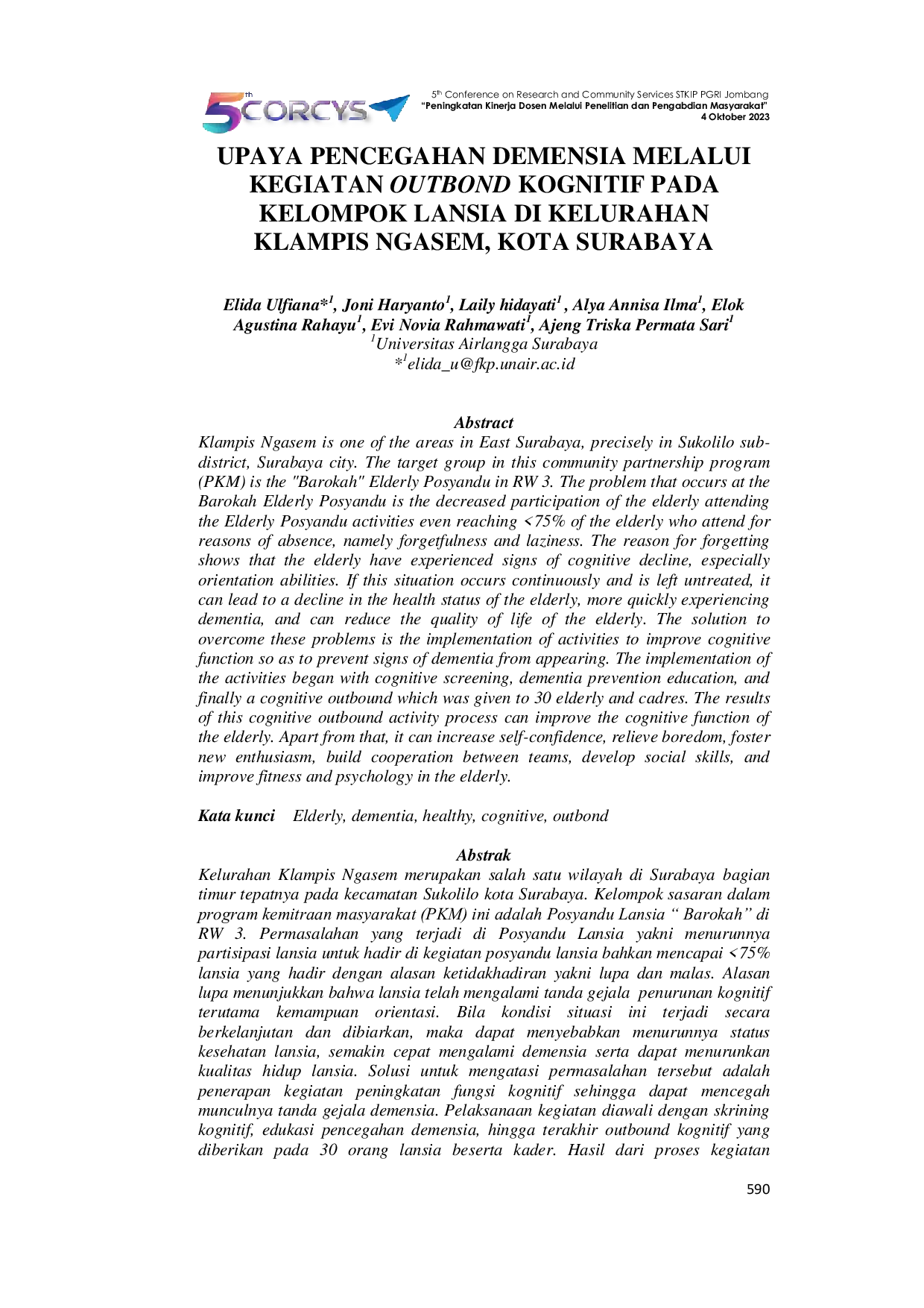 JURIS Upaya Pencegahan Demensia Melalui Kegiatan Outbond Kognitif Pada Kelompok Lansia Di Kelurahan Klampis Ngasem Kota Surabaya