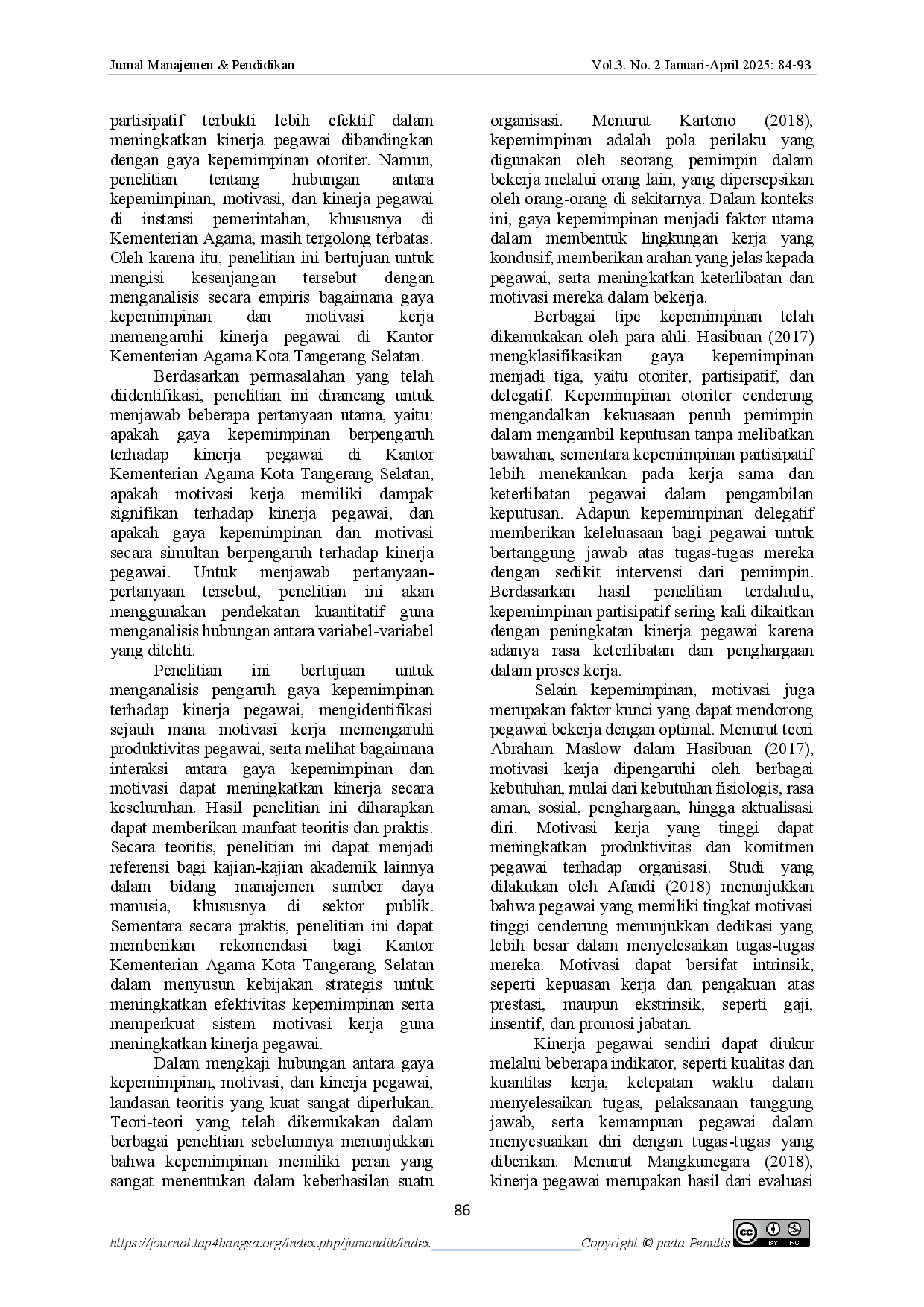 juris Hubungan Gaya Kepemimpinan dan Motivasi dengan Kinerja Pegawai Perspektif Aparatur Sipil Negara di Kementerian Agama Kota Tangerang Selatan