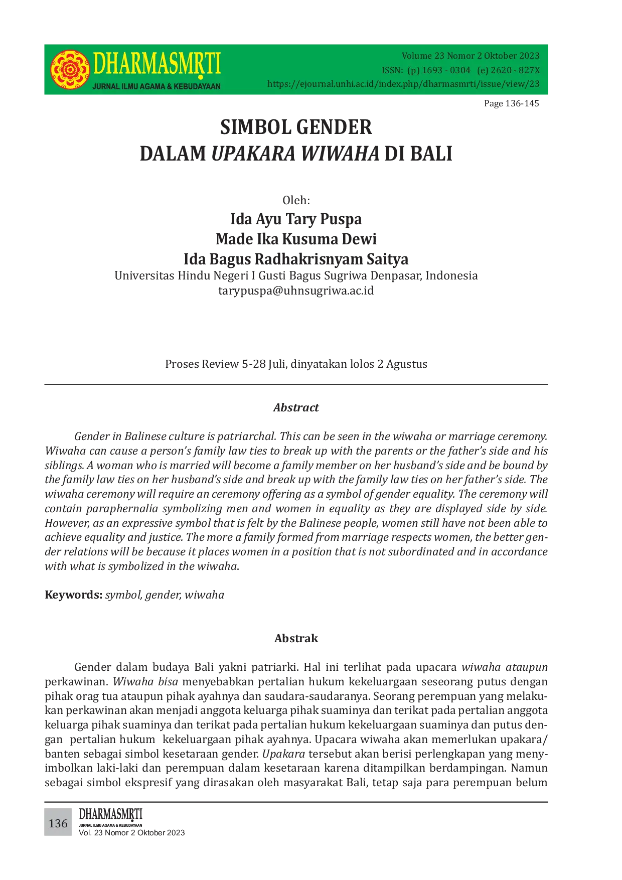 JURIS Simbol Gender Dalam Upakara Wiwaha Di Bali