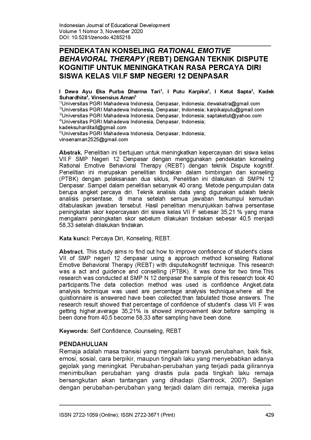 juris Pendekatan konseling rational emotive behavioral therapy REBT dengan teknik dispute kognitif untuk meningkatkan rasa percaya diri siswa kelas VII F SMP Negeri 12 Denpasar