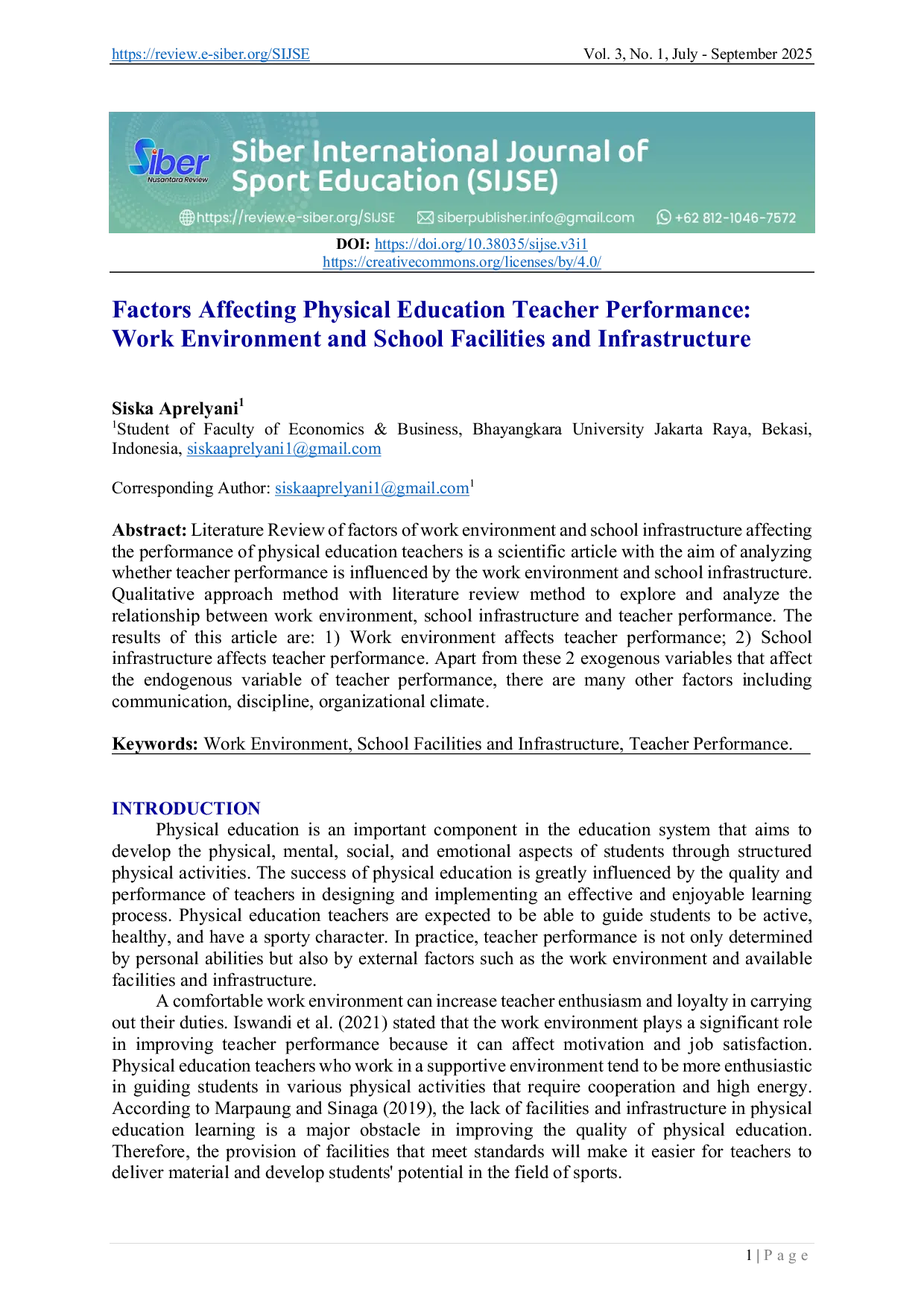 JURIS Factors Affecting Physical Education Teacher Performance Work Environment and School Facilities and Infrastructure
