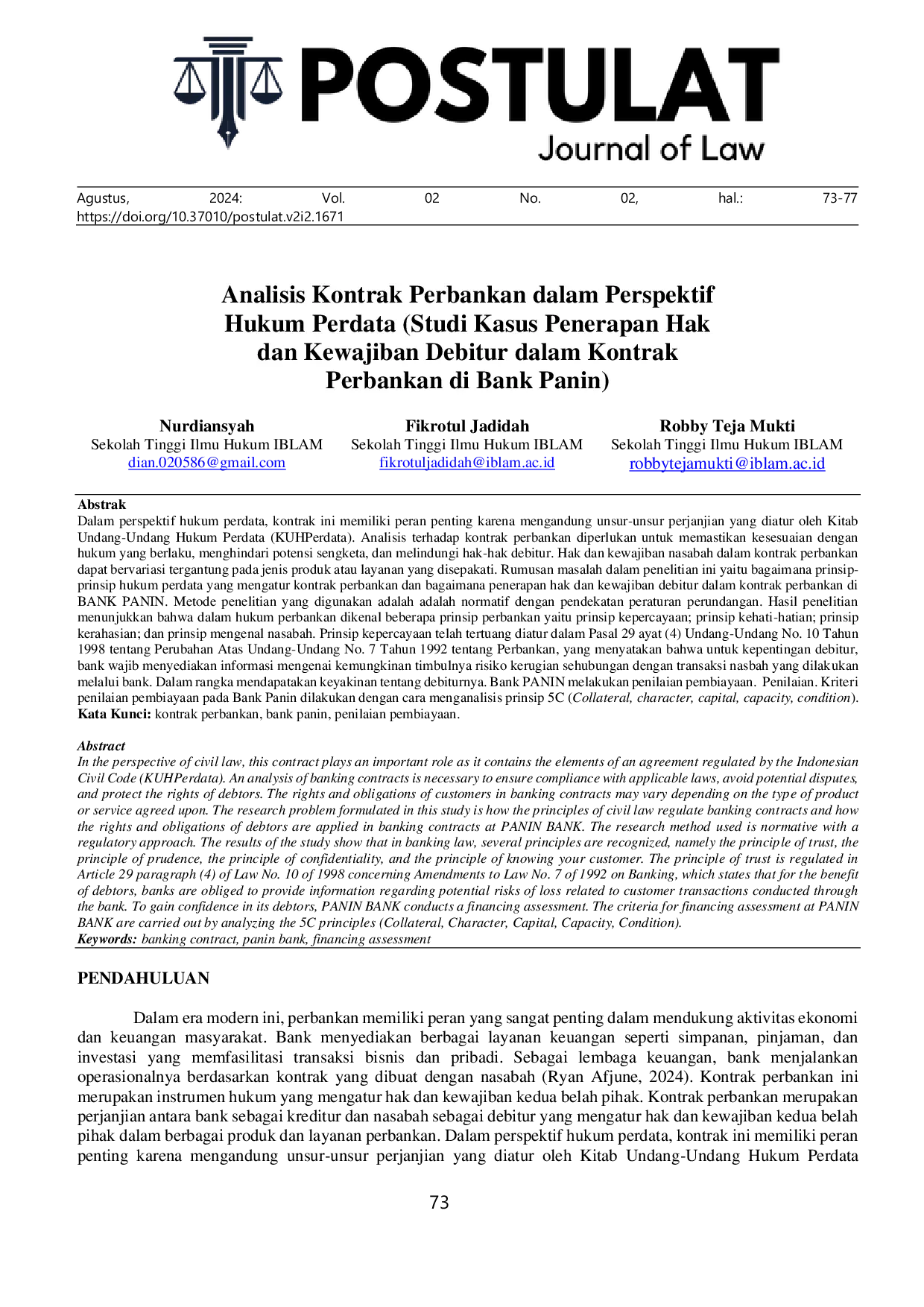 JURIS Analisis Kontrak Perbankan dalam Perspektif Hukum Perdata Studi Kasus Penerapan Hak dan Kewajiban Debitur dalam Kontrak Perbankan di Bank Panin