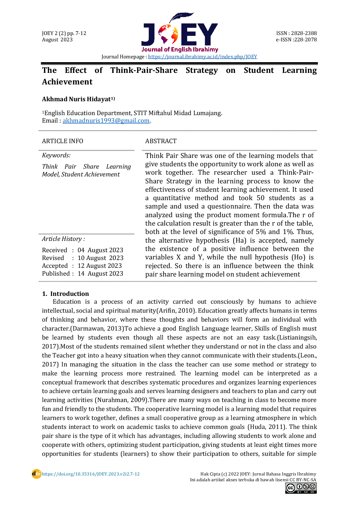 JURIS The Effect of Think Pair Share Strategy on Student Learning Achievement English