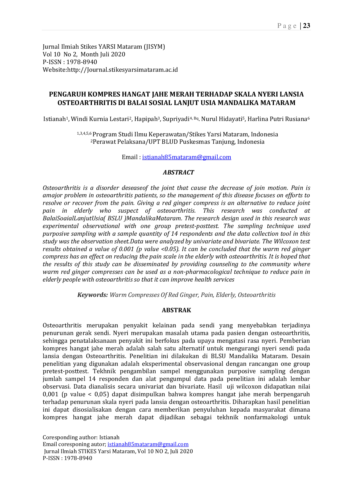 JURIS Pengaruh Kompres Hangan Jahe Merah terhadap Skala Nyeri Lansia Osteoarthritis di Balai Sosial Lanjut Usia Mandalika Mataram