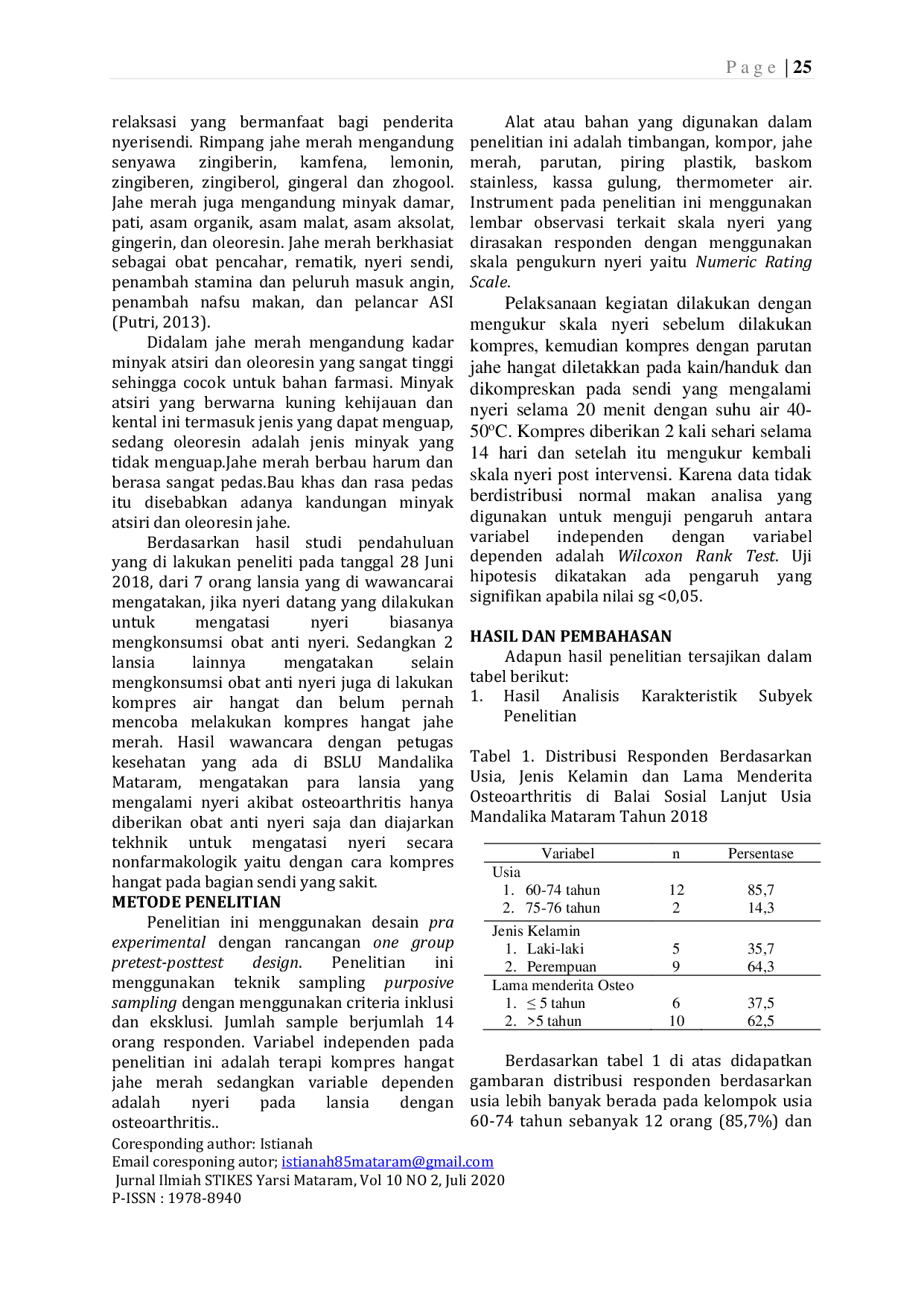 JURIS Pengaruh Kompres Hangan Jahe Merah terhadap Skala Nyeri Lansia Osteoarthritis di Balai Sosial Lanjut Usia Mandalika Mataram