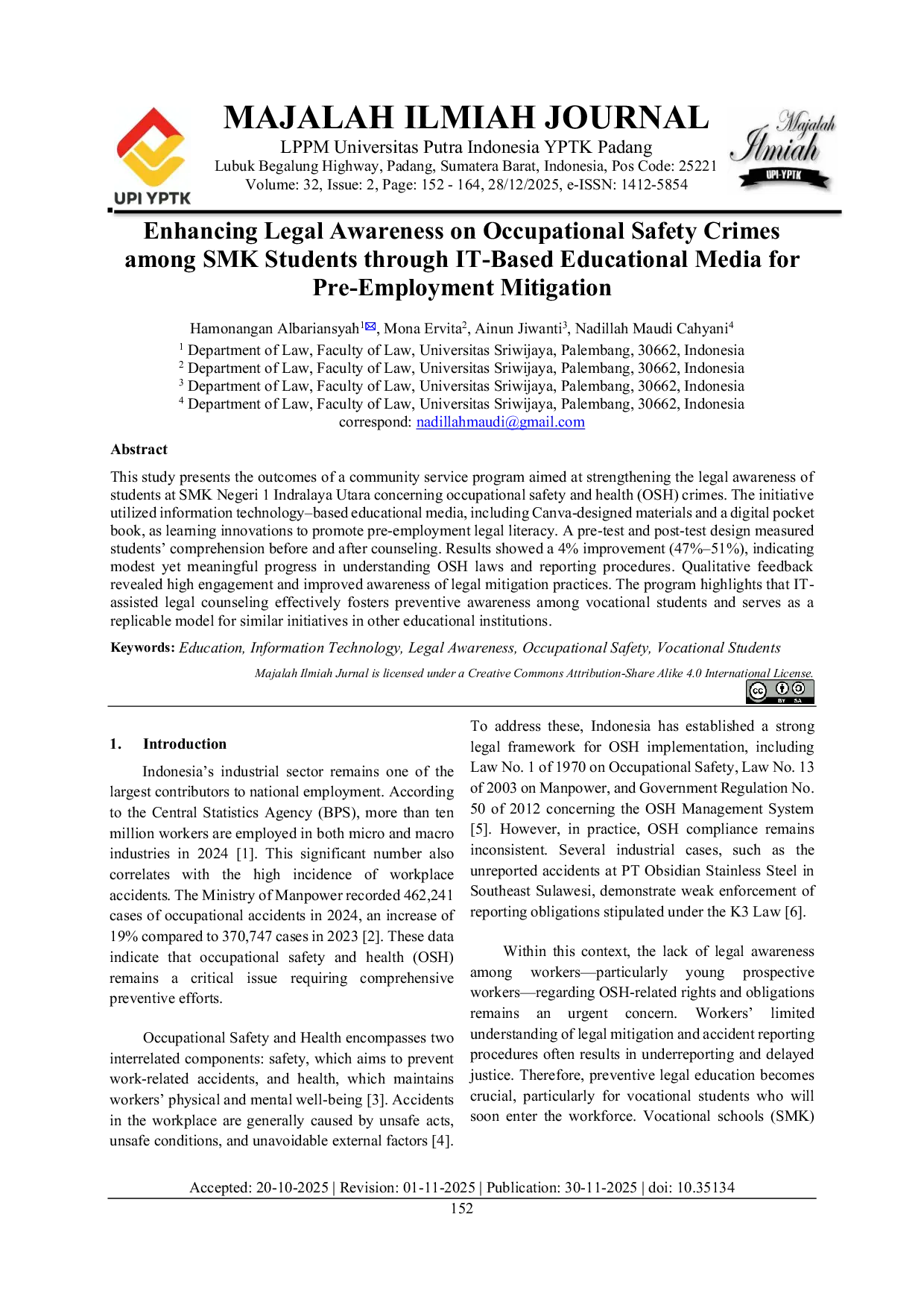 JURIS Enhancing Legal Awareness on Occupational Safety Crimes among SMK Students through IT Based Educational Media for Pre Employment Mitigation