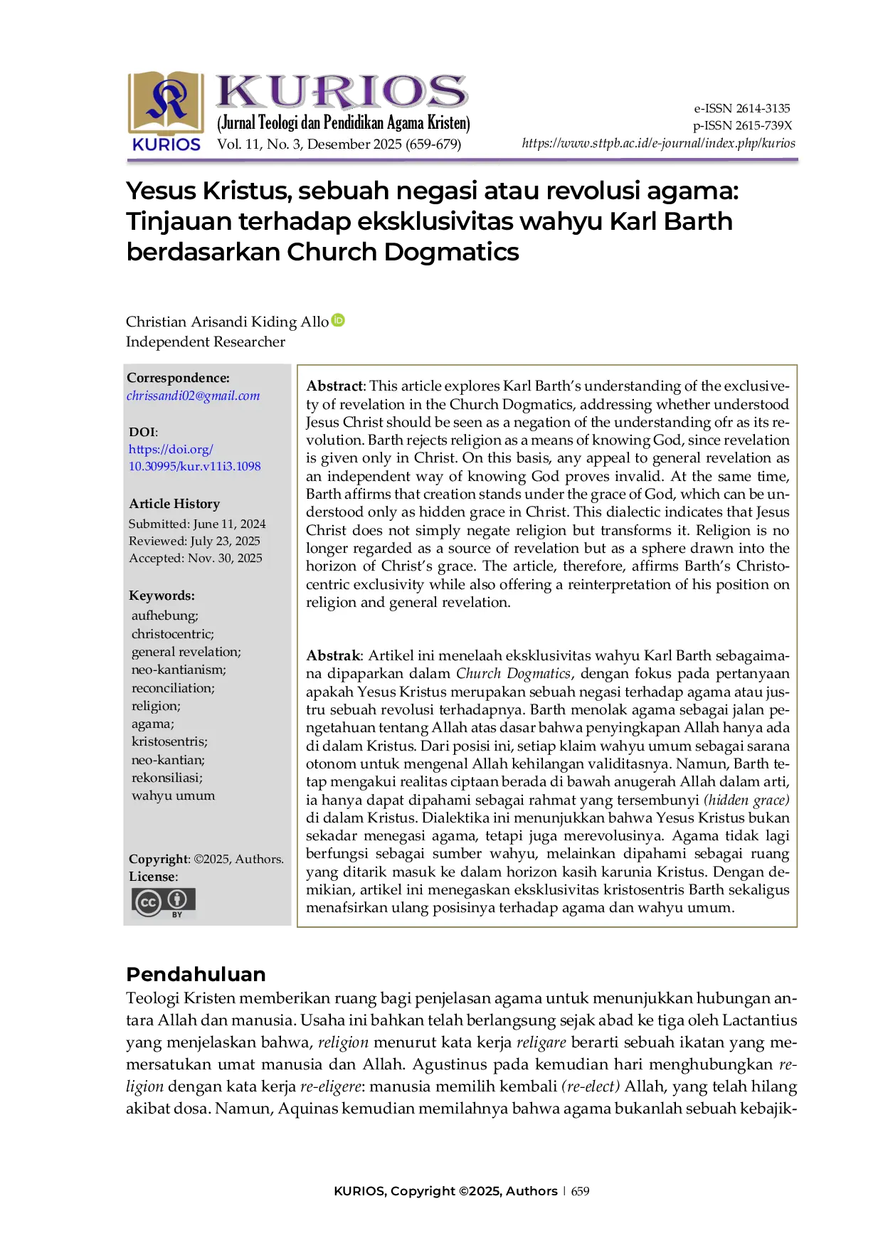 JURIS Yesus Kristus sebuah negasi atau revolusi agama Tinjauan terhadap eksklusivitas wahyu Karl Barth berdasarkan Church Dogmatics