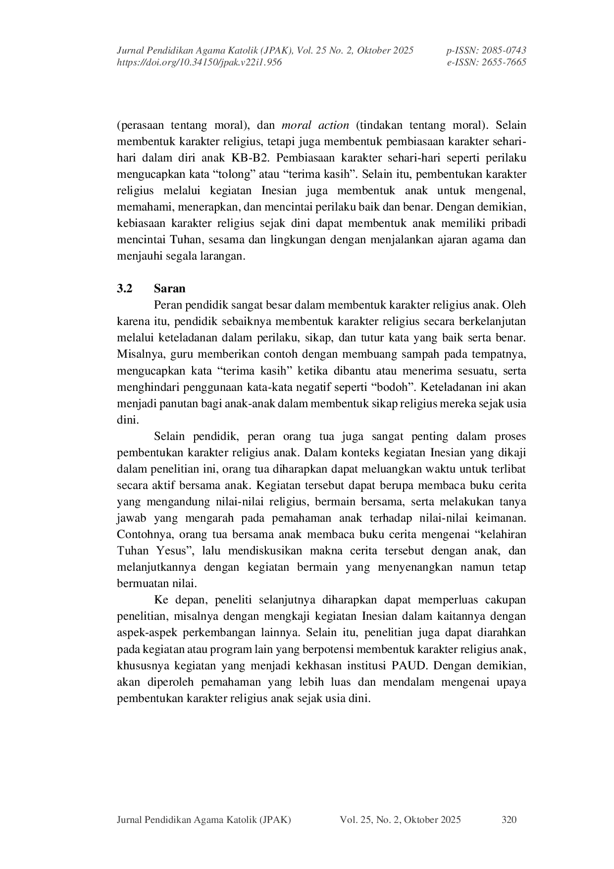 JURIS Kegiatan Inesian Membentuk Karakter Religius Anak Usia 3 4 Tahun Di Kb Katolik Santa Clara Surabaya Berdasarkan Teori Thomas Lickona