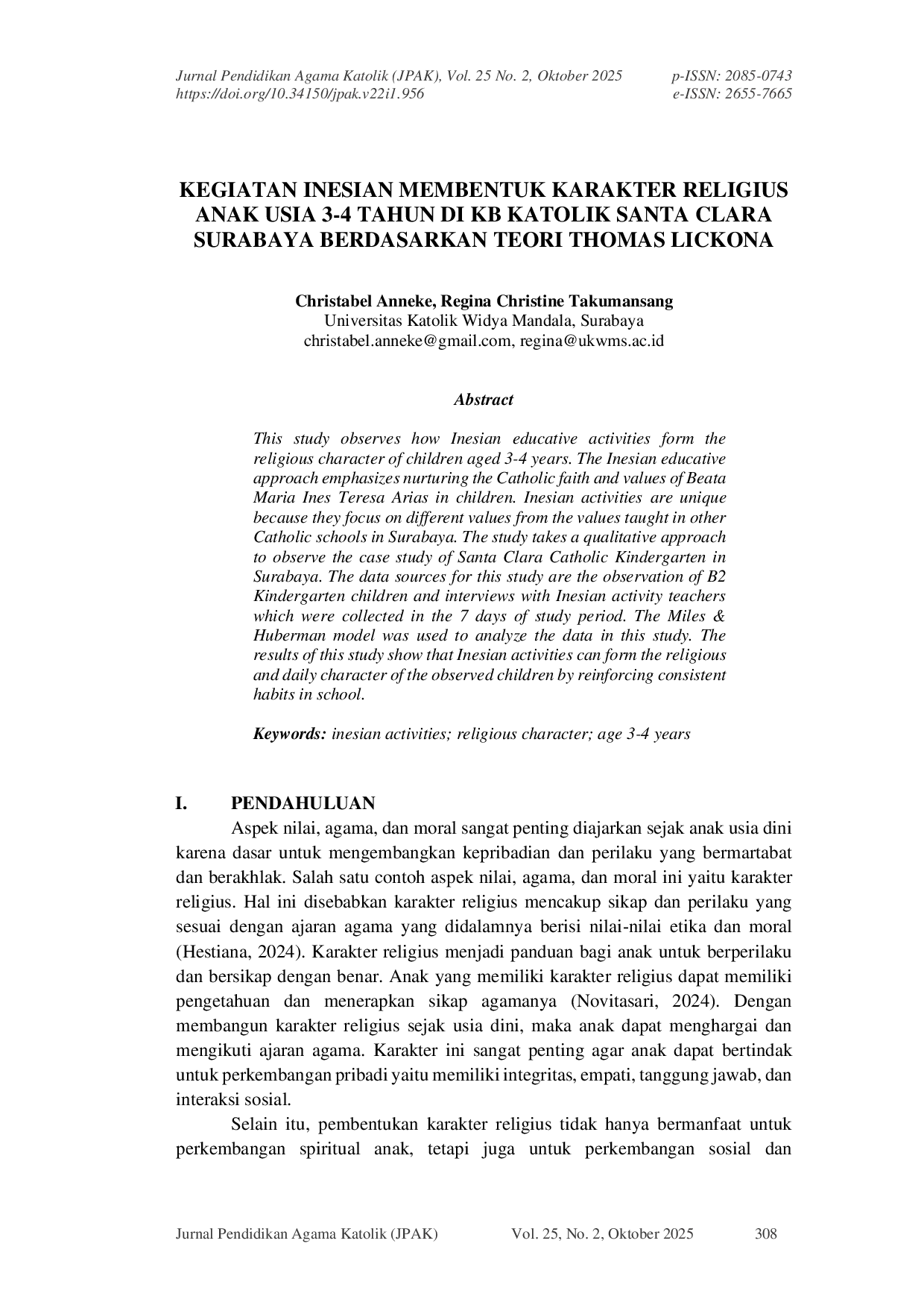 JURIS Kegiatan Inesian Membentuk Karakter Religius Anak Usia 3 4 Tahun Di Kb Katolik Santa Clara Surabaya Berdasarkan Teori Thomas Lickona