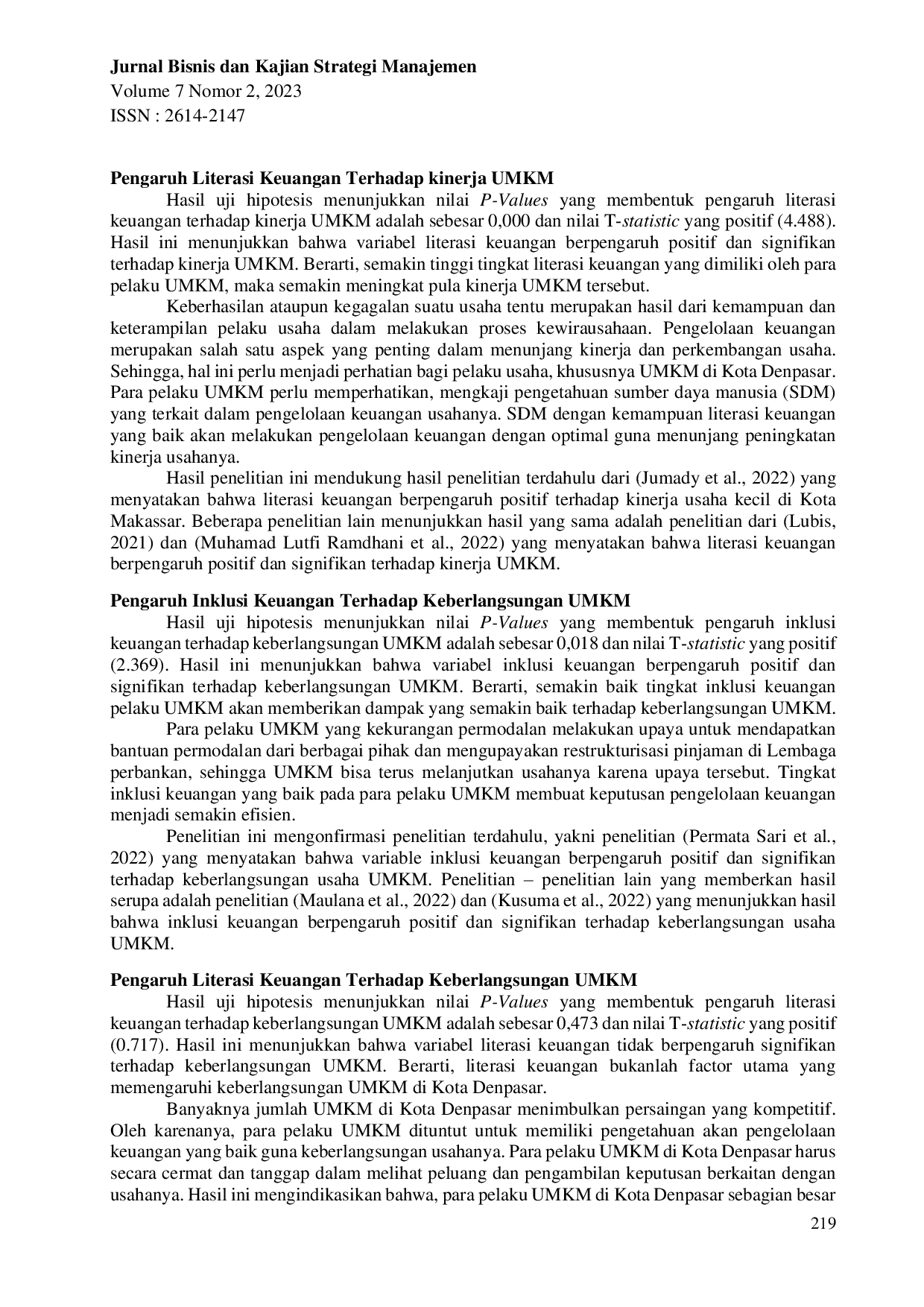 JURIS Inklusi Keuangan Dan Literasi Keuangan Terhadap Kinerja Dan Keberlangsungan Umkm Di Kota Denpasar