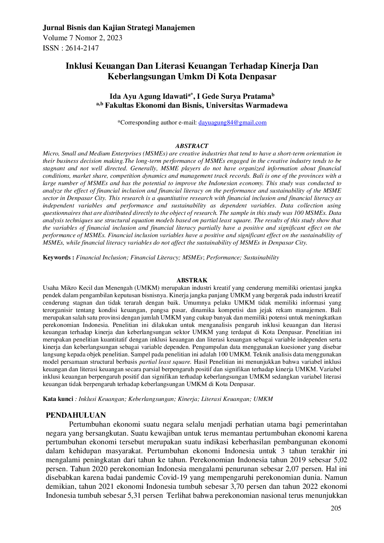 JURIS Inklusi Keuangan Dan Literasi Keuangan Terhadap Kinerja Dan Keberlangsungan Umkm Di Kota Denpasar