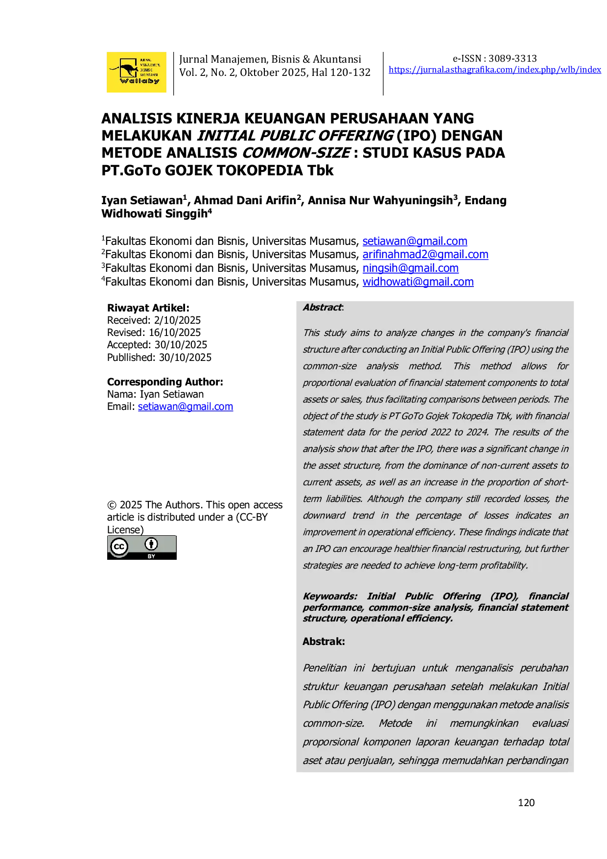JURIS ANALISIS KINERJA KEUANGAN PERUSAHAAN YANG MELAKUKAN INITIAL PUBLIC OFFERING IPO DENGAN METODE ANALISIS COMMON SIZE STUDI KASUS PADA PT GoTo GOJEK TOKOPEDIA Tbk