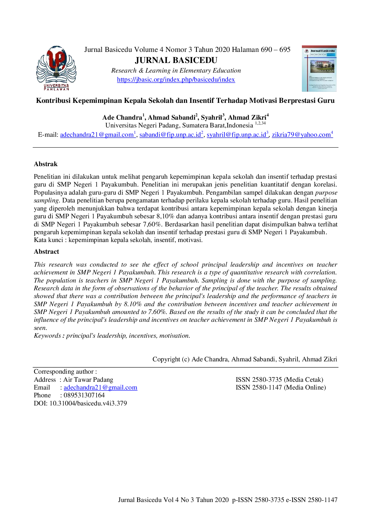JURIS Kontribusi Kepemimpinan Kepala Sekolah dan Insentif terhadap Motivasi Berprestasi Guru