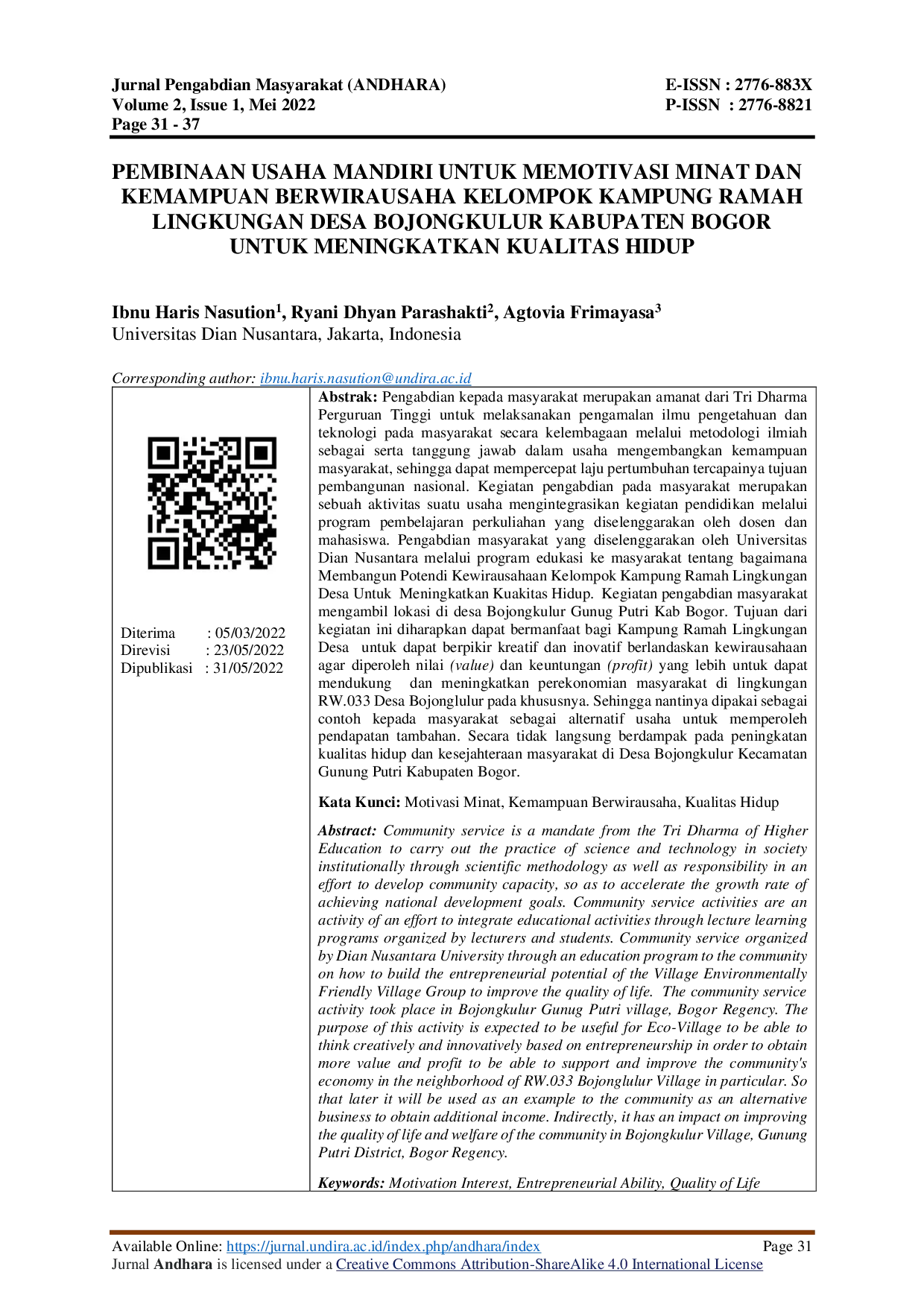 JURIS Pembinaan Usaha Mandiri Untuk Memotivasi Minat Dan Kemampuan Berwirausaha Kelompok Kampung Ramah Lingkungan Desa Bojongkulur Kabupaten Bogor Untuk Meningkatkan Kualitas Hidup