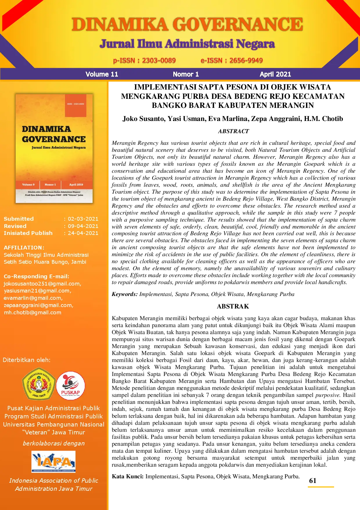 juris Implementasi Sapta Pesona di Objek Wisata Mengkarang Purba Desa Bedeng Rejo Kecamatan Bangko Barat Kabupaten Merangin