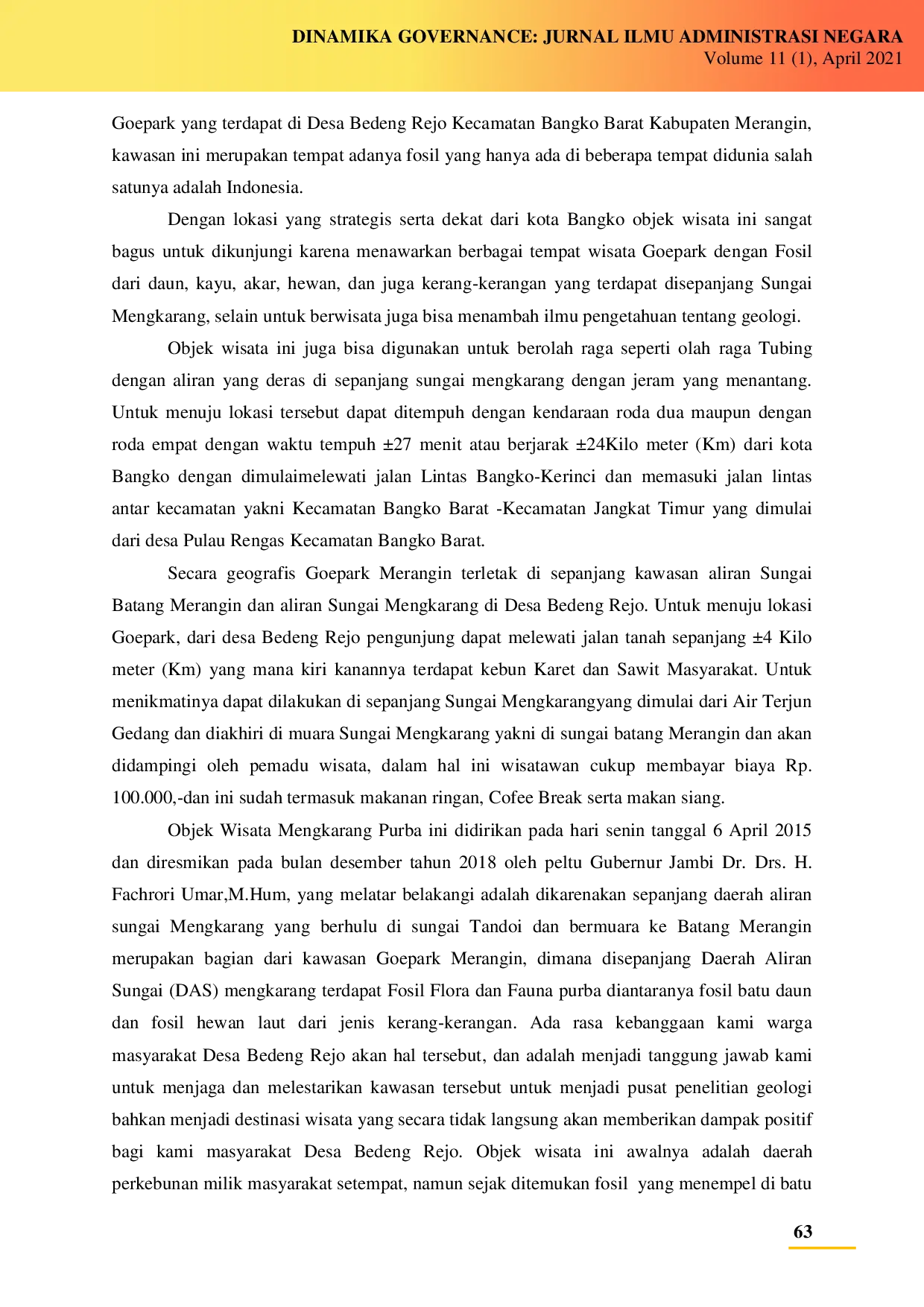 juris Implementasi Sapta Pesona di Objek Wisata Mengkarang Purba Desa Bedeng Rejo Kecamatan Bangko Barat Kabupaten Merangin