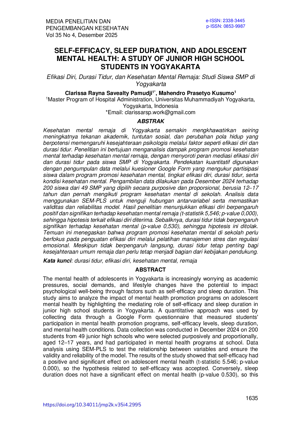 JURIS Efikasi Diri Durasi Tidur dan Kesehatan Mental Remaja Studi Siswa SMP di Yogyakarta