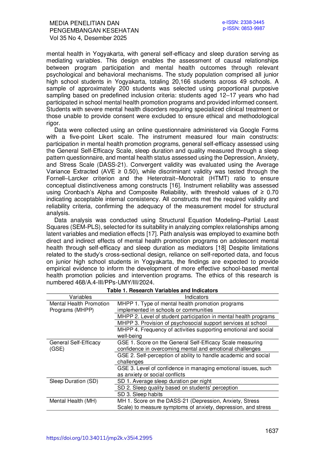 JURIS Efikasi Diri Durasi Tidur dan Kesehatan Mental Remaja Studi Siswa SMP di Yogyakarta